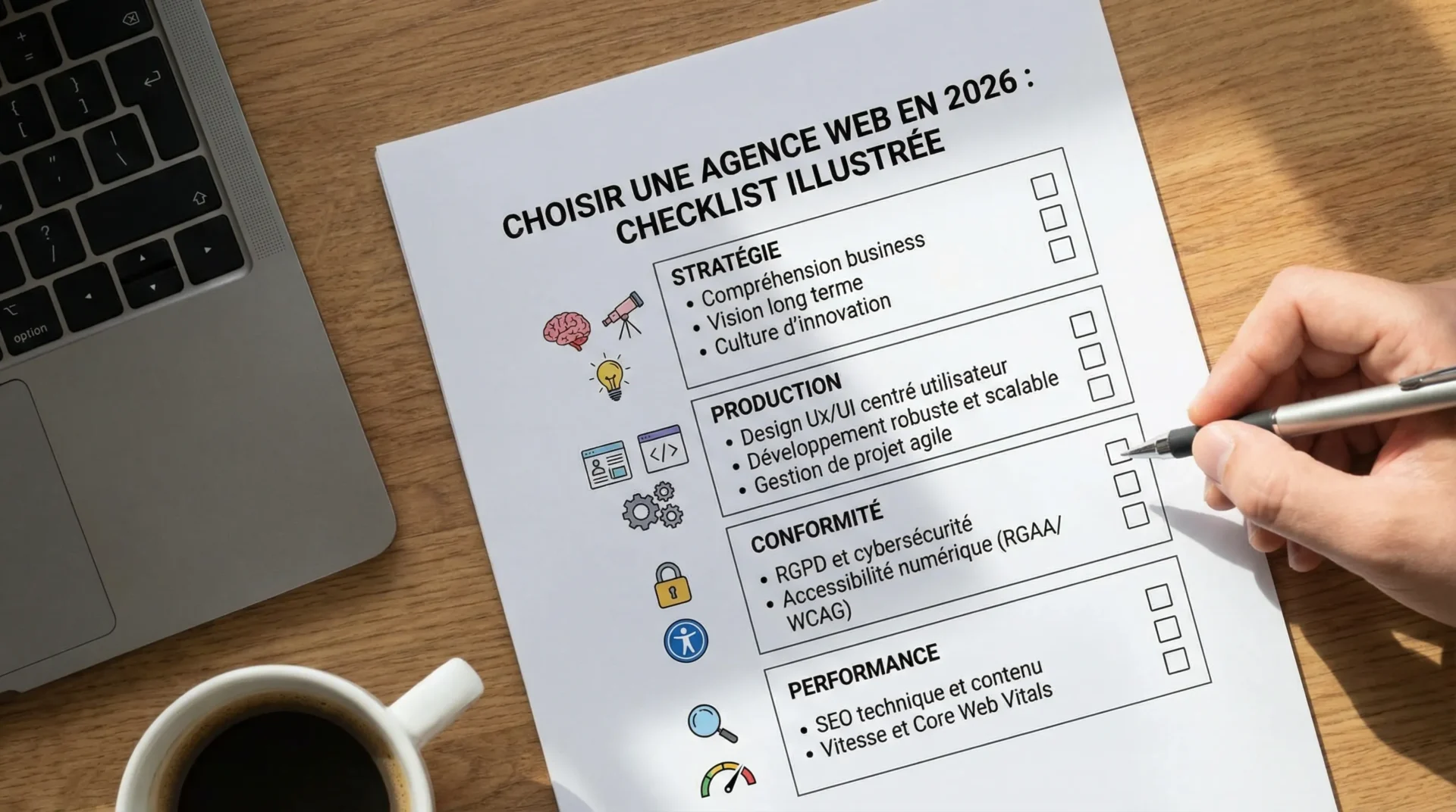 Checklist illustrée pour choisir une agence web en 2026, avec 10 critères regroupés en 4 thèmes : stratégie, production, conformité et performance.