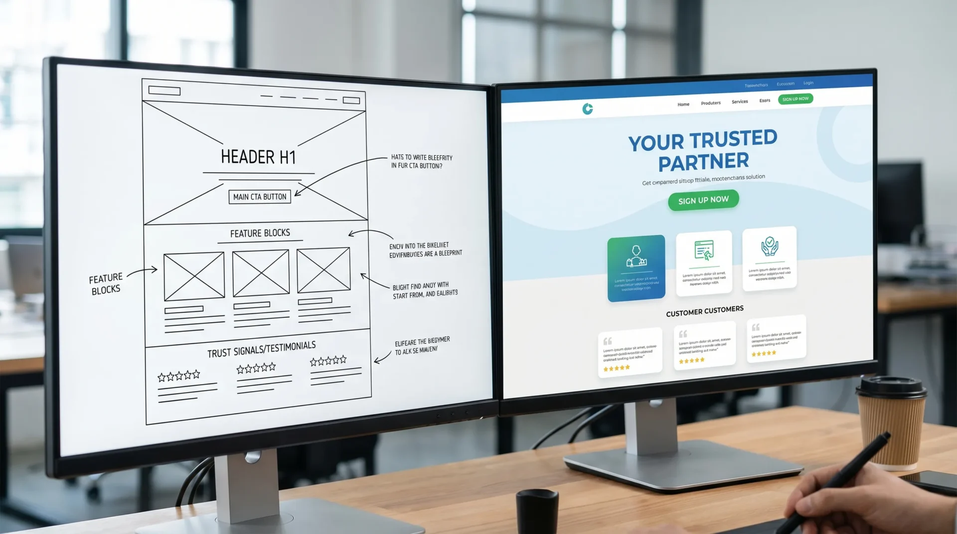 Comparatif visuel entre un wireframe UX en noir et blanc (structure et blocs) et une maquette UI finale en couleur, montrant la hiérarchie des titres, les boutons CTA et les zones de réassurance.