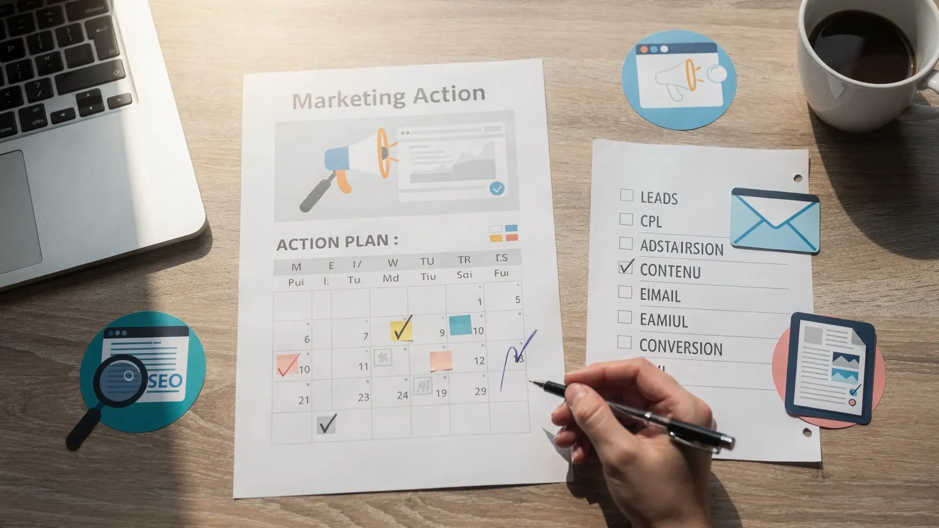 Illustration d’un plan d’action marketing sur un bureau, avec un calendrier, une checklist de KPIs (leads, CPL, conversion), et des icônes représentant SEO, Ads, email et contenu.