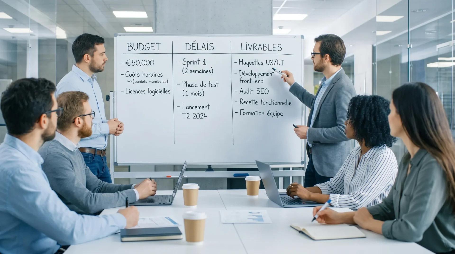 Illustration d’un projet web avec trois colonnes représentant budget, délais et livrables, et des exemples concrets dans chaque colonne (maquettes, développement, SEO, recette, formation).