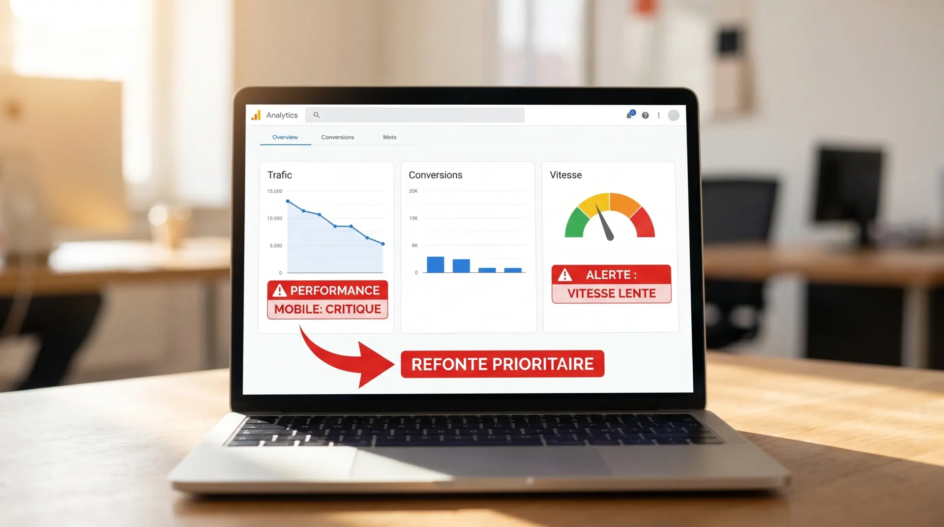 Illustration d’un tableau de bord web montrant trois graphiques simples (trafic, conversions, vitesse), avec des alertes rouges sur performance mobile et une flèche indiquant “refonte prioritaire”.