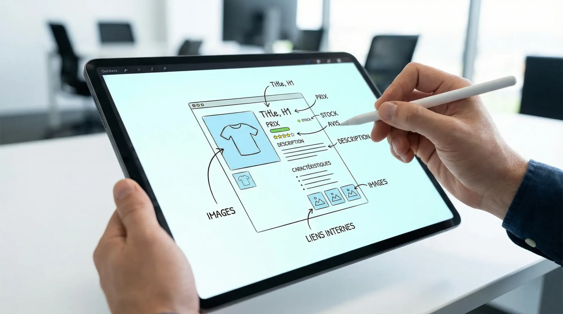 Illustration d’une fiche produit e-commerce optimisée, avec zones annotées (Title, H1, prix, stock, avis, description, caractéristiques, images et liens internes) pour montrer les éléments importants pour le SEO.