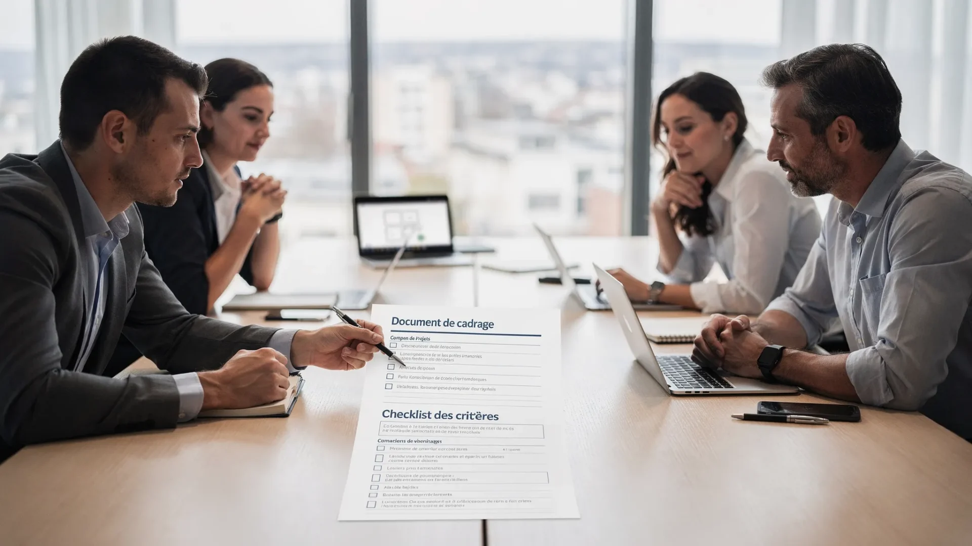 Scène de réunion professionnelle dans un bureau, une entreprise échange avec une agence web autour d’un document de cadrage imprimé et d’une checklist de critères.