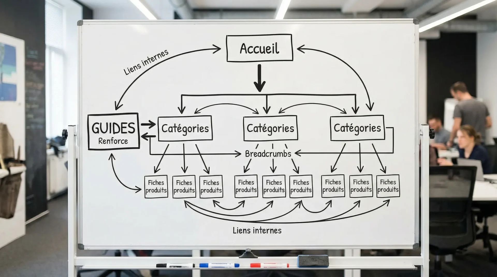 Schéma simple de l’architecture SEO e-commerce montrant la relation Accueil vers Catégories vers Fiches produits, avec des liens internes et breadcrumbs, et un bloc “guides” qui renforce les catégories.