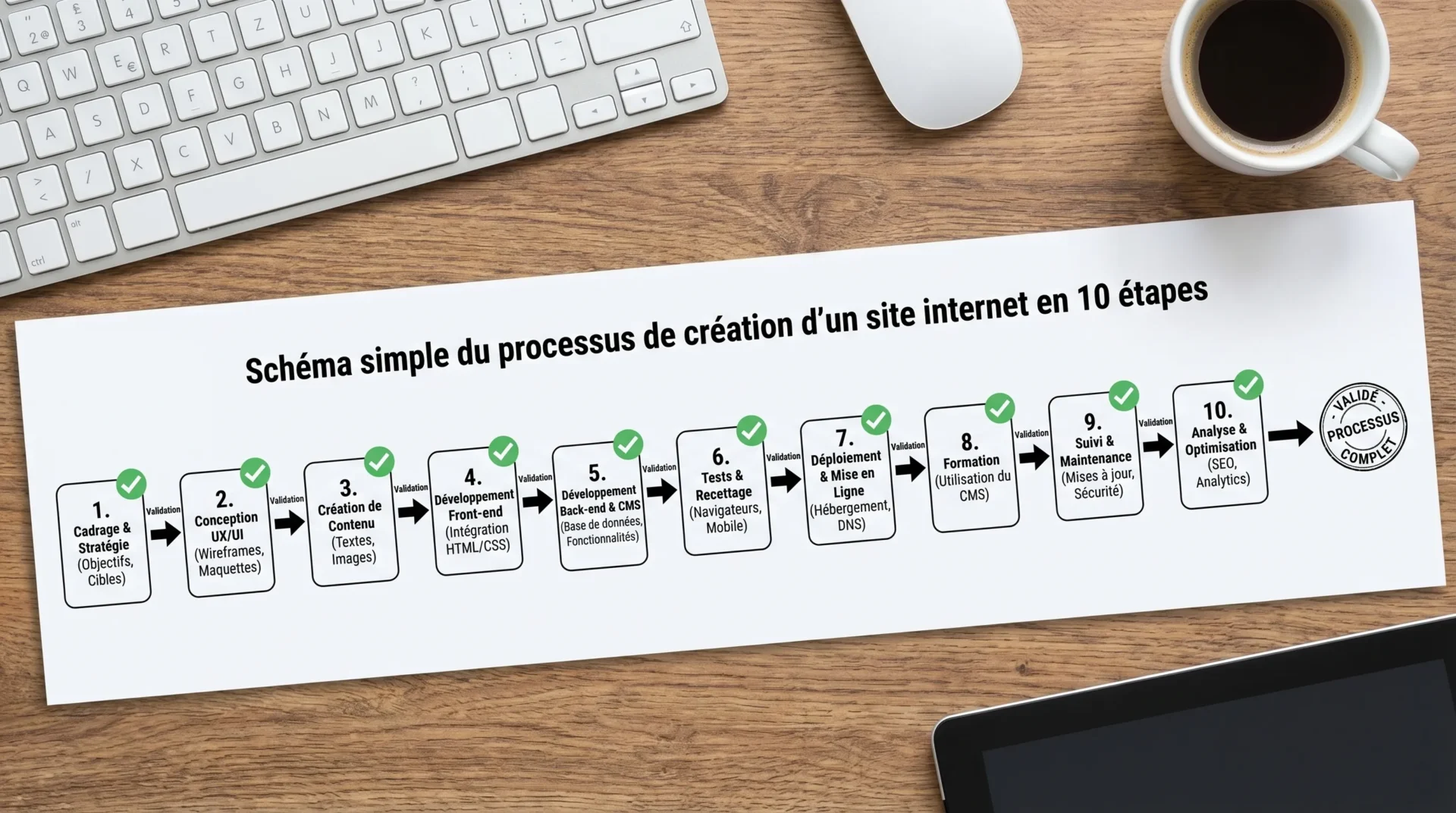 Schéma simple du process de création d’un site internet en 10 étapes, de la phase de cadrage à la mise en ligne puis au suivi, avec flèches et validations à chaque étape.