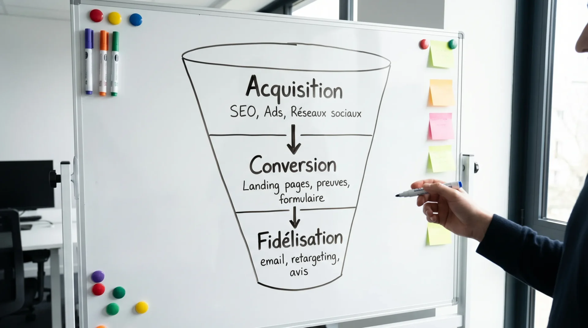 Schéma simple d’un entonnoir de croissance digitale : Acquisition (SEO, Ads, Réseaux sociaux) vers Conversion (Landing pages, preuves, formulaire) vers Fidélisation (email, retargeting, avis).