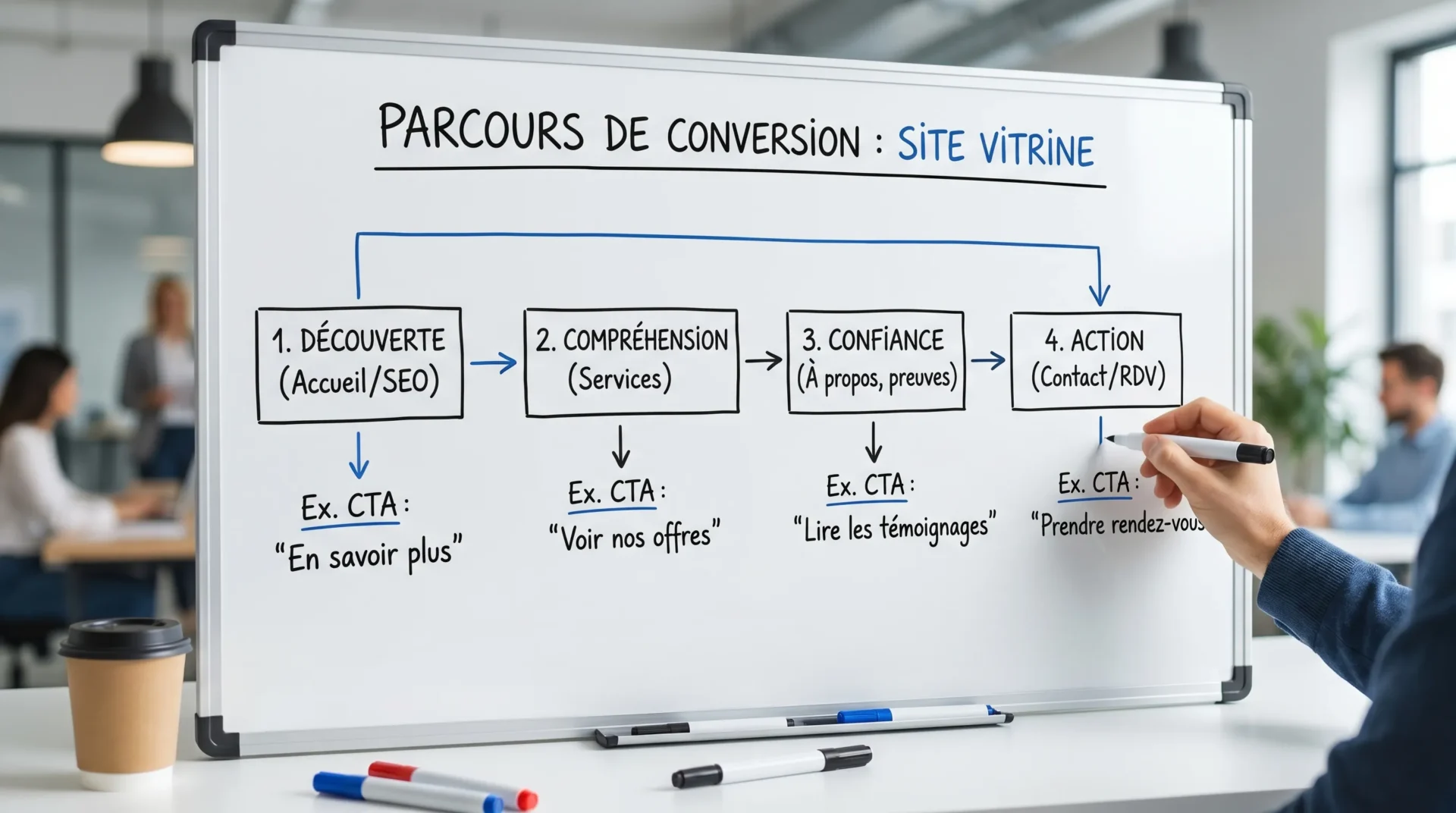 Schéma simple d’un parcours de conversion sur un site vitrine : Découverte (Accueil/SEO) -> Compréhension (Services) -> Confiance (À propos, preuves) -> Action (Contact/RDV), avec des flèches et des exemples de CTA à chaque étape. »></p>
<h2 id=