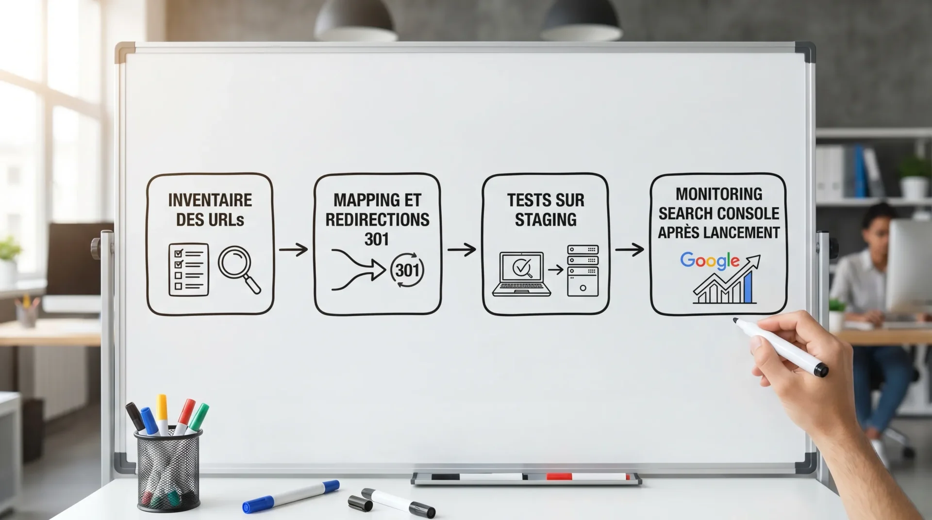 Schéma simple en 4 blocs montrant la migration SEO : inventaire des URLs, mapping et redirections 301, tests sur staging, monitoring Search Console après lancement.