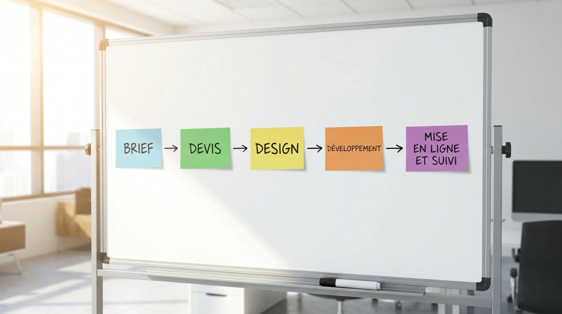 Schéma simple en 5 étapes du projet : Brief, Devis, Design, Développement, Mise en ligne et suivi, avec des flèches entre chaque étape.