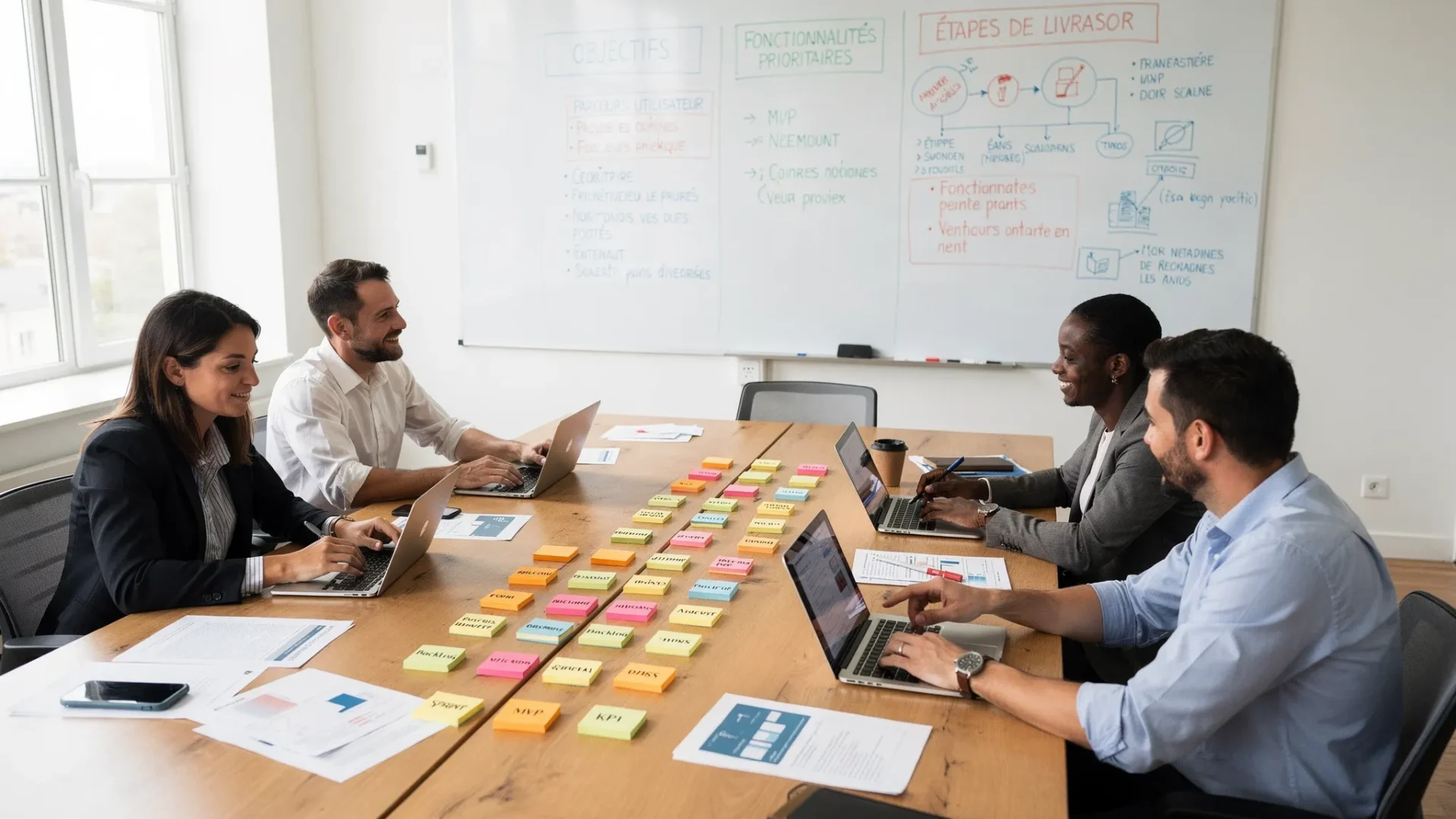 Un atelier de cadrage de projet web avec une table de travail, des notes organisées, un tableau blanc présentant les objectifs, les fonctionnalités prioritaires et les étapes de livraison, dans une ambiance professionnelle et collaborative.