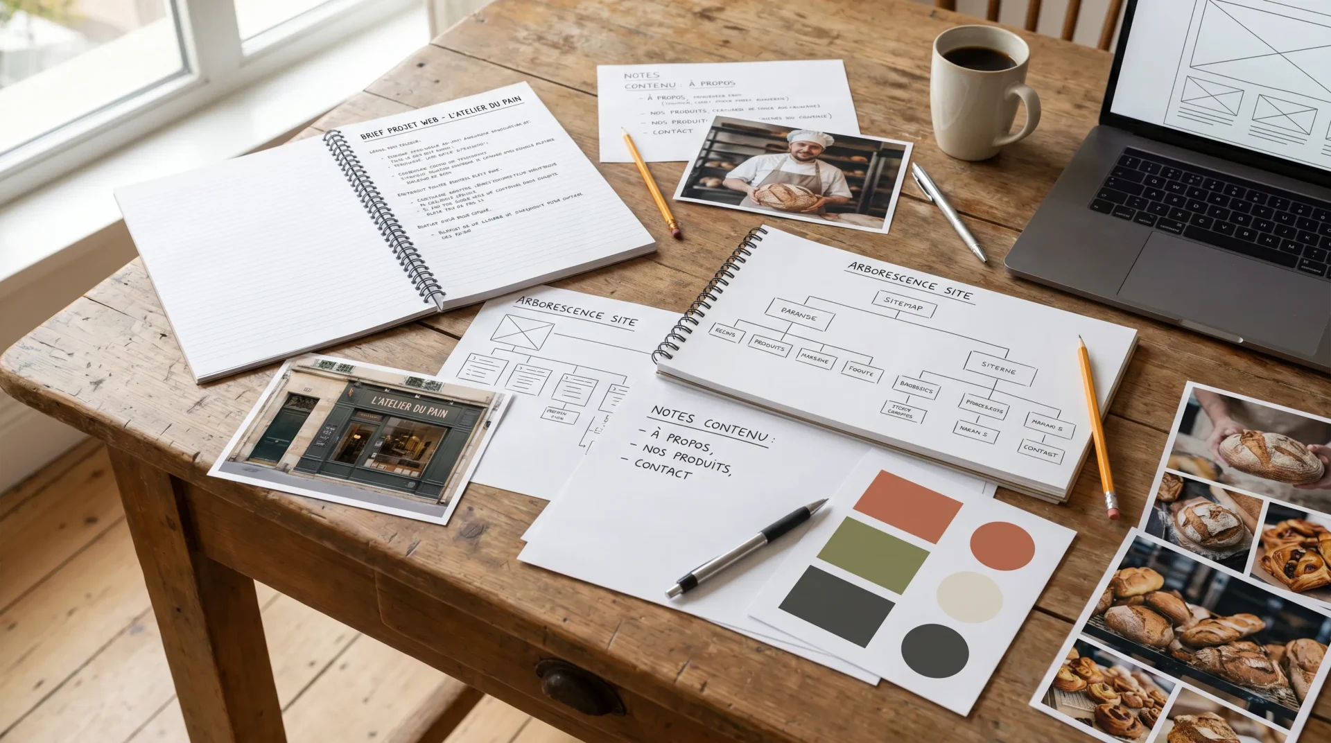 Un bureau de préparation de projet web avec un carnet de brief, des croquis d’arborescence, des notes de contenu, une palette de couleurs et des photos imprimées représentant l’identité d’une entreprise locale.