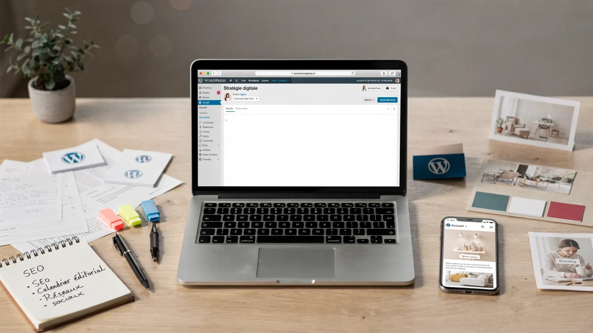 Un bureau de travail avec un ordinateur affichant l’interface d’un site WordPress, des notes de stratégie digitale, un smartphone montrant une version mobile du site et des éléments visuels de marque disposés autour.