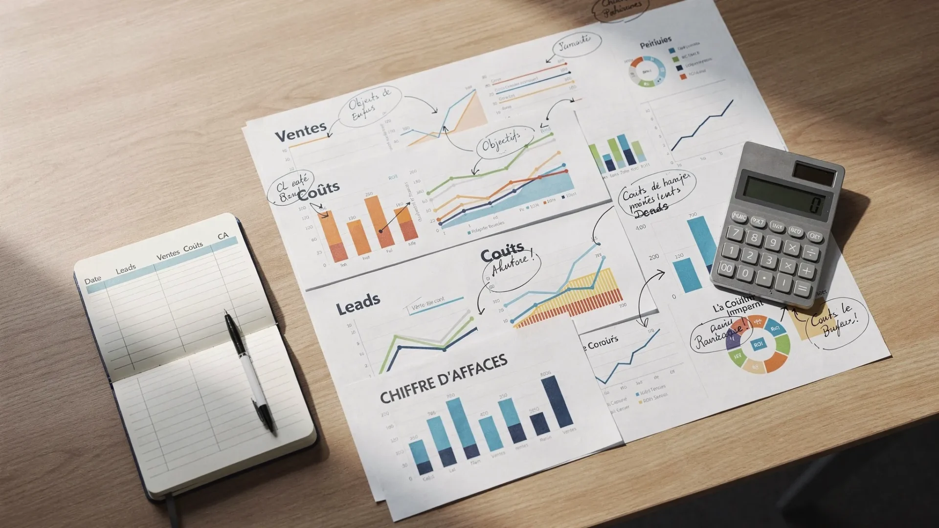 Un tableau de bord marketing imprimé sur une table avec des graphiques de ventes, des notes sur les coûts, des leads et le chiffre d’affaires, accompagné d’une calculatrice et d’un carnet de suivi.