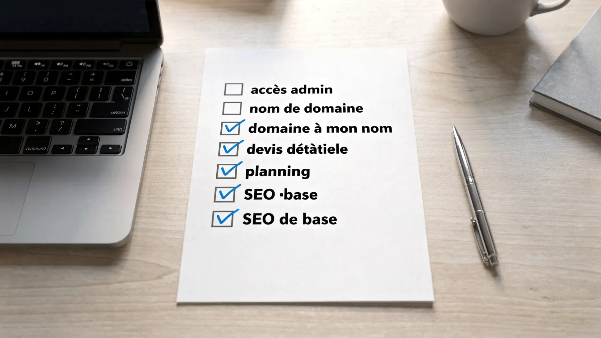 Une checklist claire sur une feuille posée sur un bureau, avec cases à cocher pour “accès admin”, “nom de domaine à mon nom”, “devis détaillé”, “planning”, “SEO de base”, à côté d’un ordinateur portable et d’un stylo.