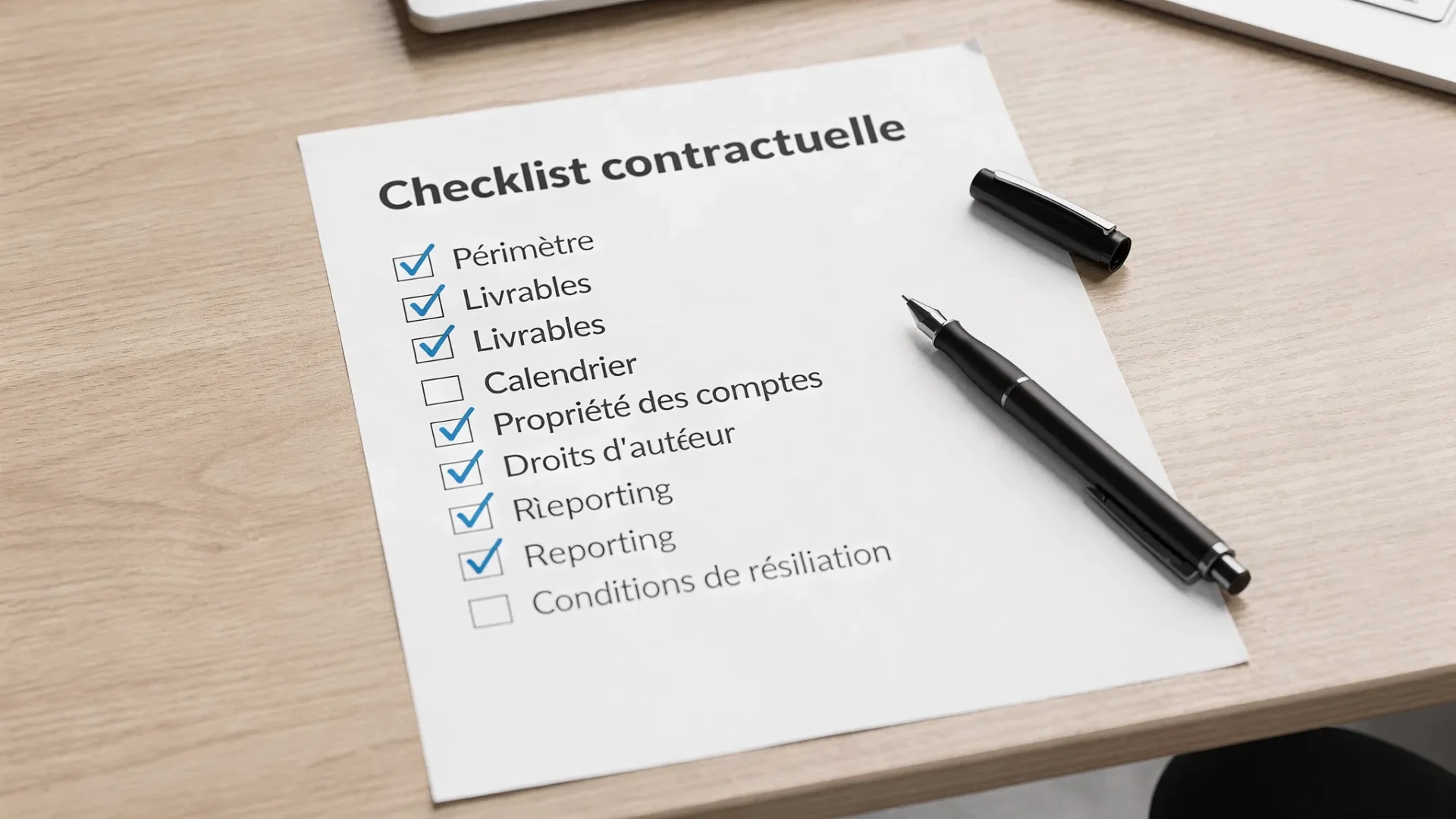 Une checklist contractuelle sur une table avec des éléments cochés : périmètre, livrables, calendrier, propriété des comptes, droits d’auteur, reporting et conditions de résiliation.