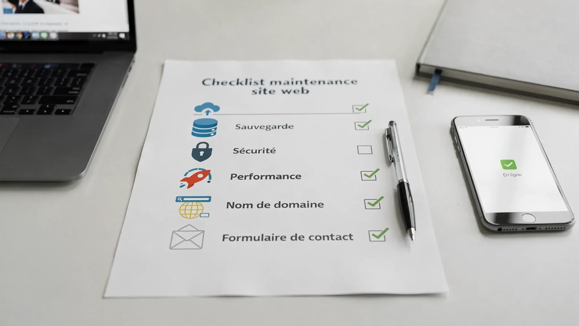 Une checklist papier de maintenance site web posée sur un bureau avec des icônes de sauvegarde, sécurité, performance, nom de domaine et formulaire de contact, illustrant la prévention des pannes numériques.