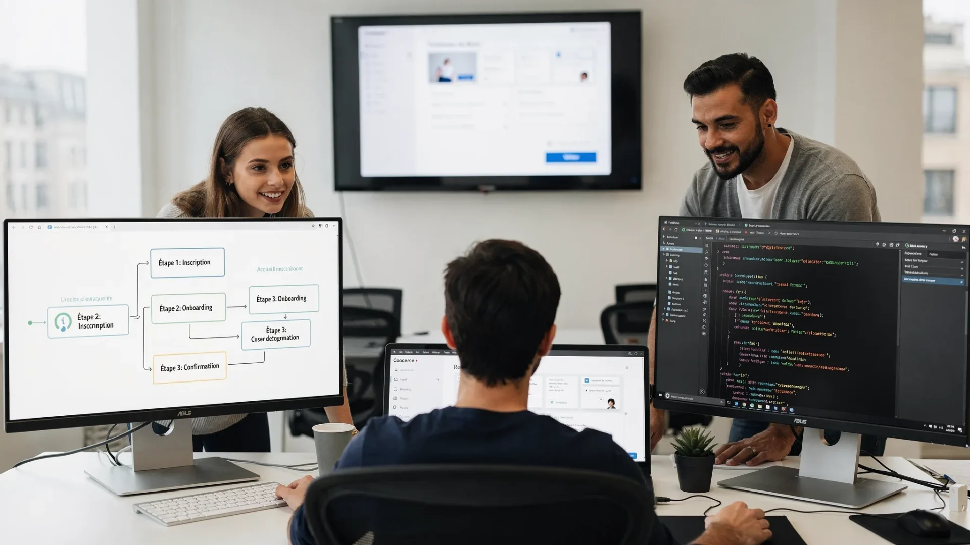 Une équipe digitale travaille sur la conception d’une application web sur mesure avec des maquettes, du code et un parcours utilisateur affichés sur des écrans orientés correctement.