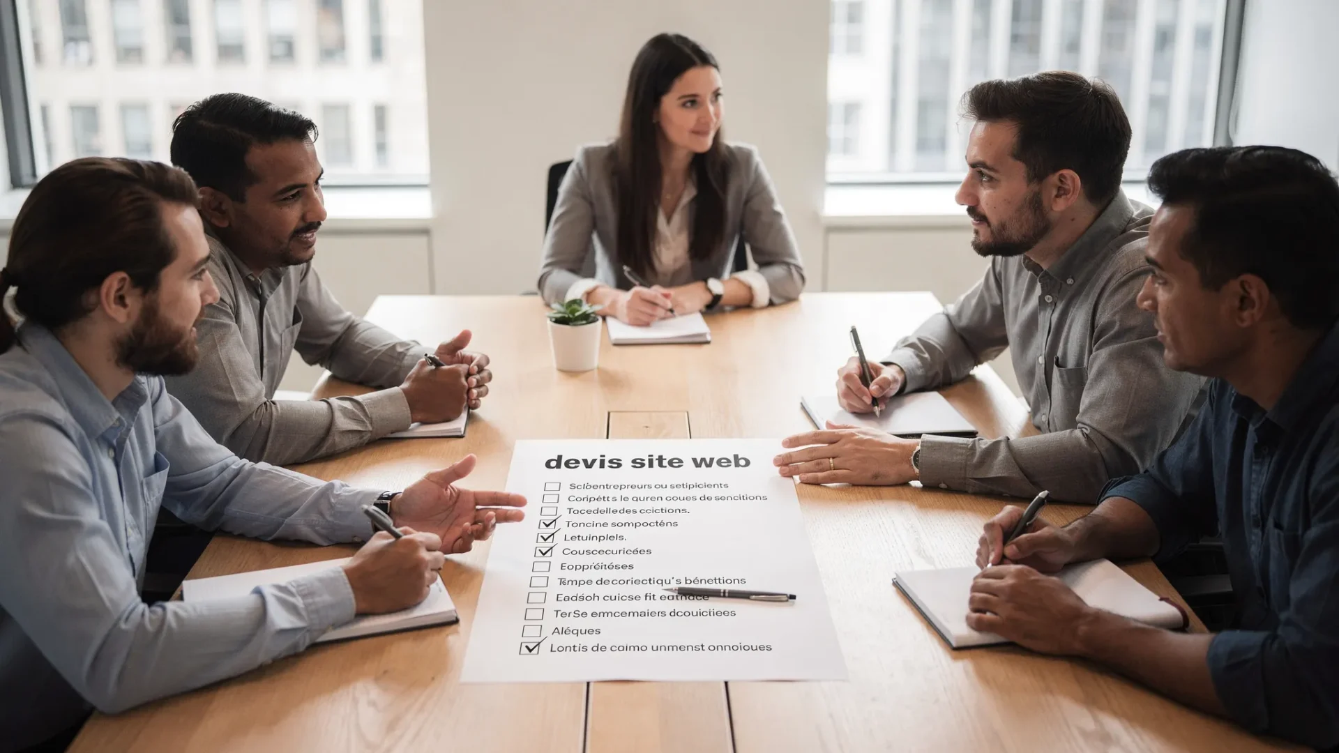 Une réunion de cadrage de projet web avec un entrepreneur et une équipe agence autour d’une table, un document checklist “devis site web” au centre, ambiance professionnelle, sans écrans visibles.