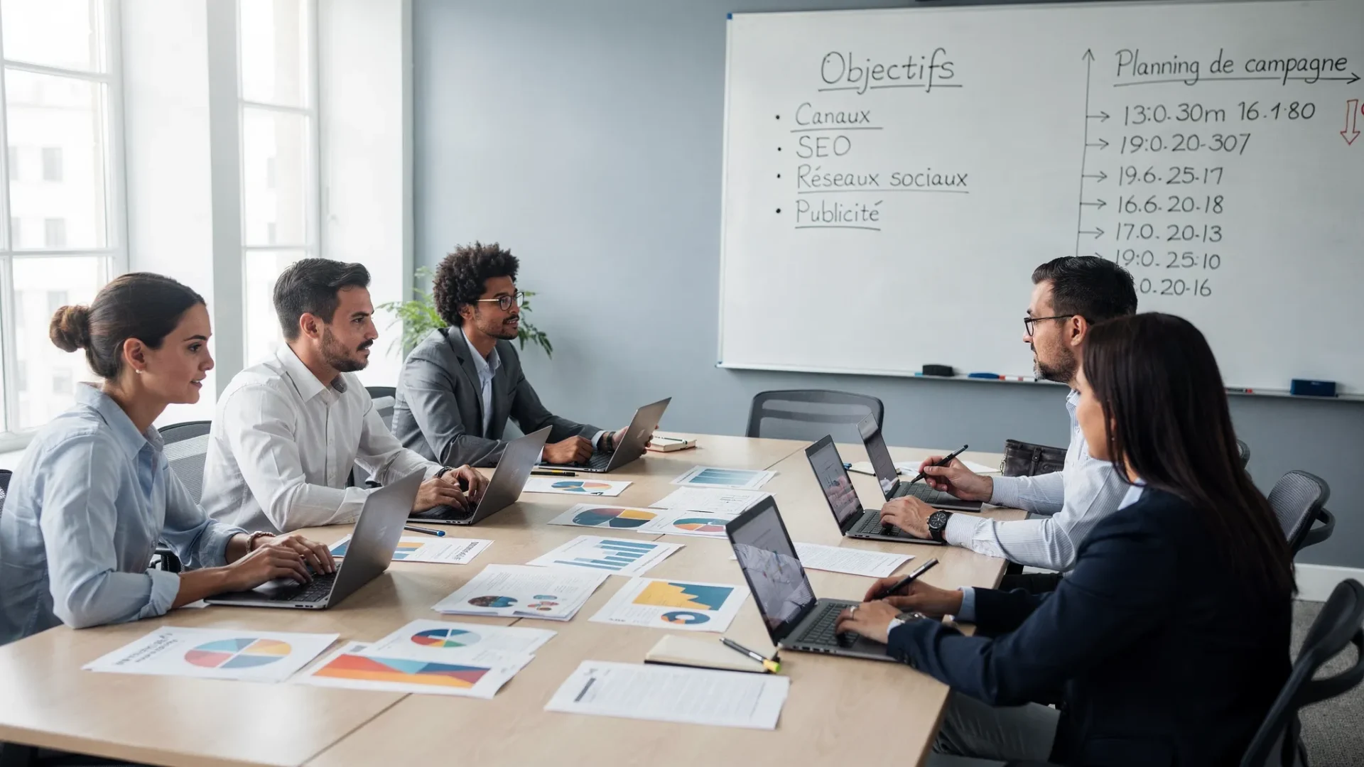 Une réunion de stratégie communication avec une équipe autour d’une table, documents imprimés, tableau avec objectifs, canaux (SEO, réseaux sociaux, publicité) et planning de campagne.