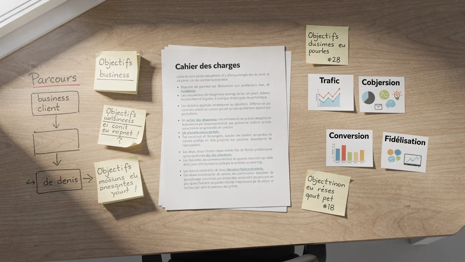 Une table de travail avec un cahier des charges ouvert, des notes sur les objectifs business, un schéma simple de parcours client et des cartes représentant trafic, conversion et fidélisation.