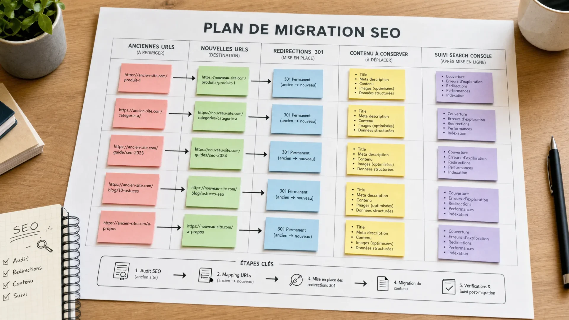 Un plan de migration SEO posé sur une table, avec des cartes représentant anciennes URLs, nouvelles URLs, redirections 301, contenu à conserver et suivi Search Console.