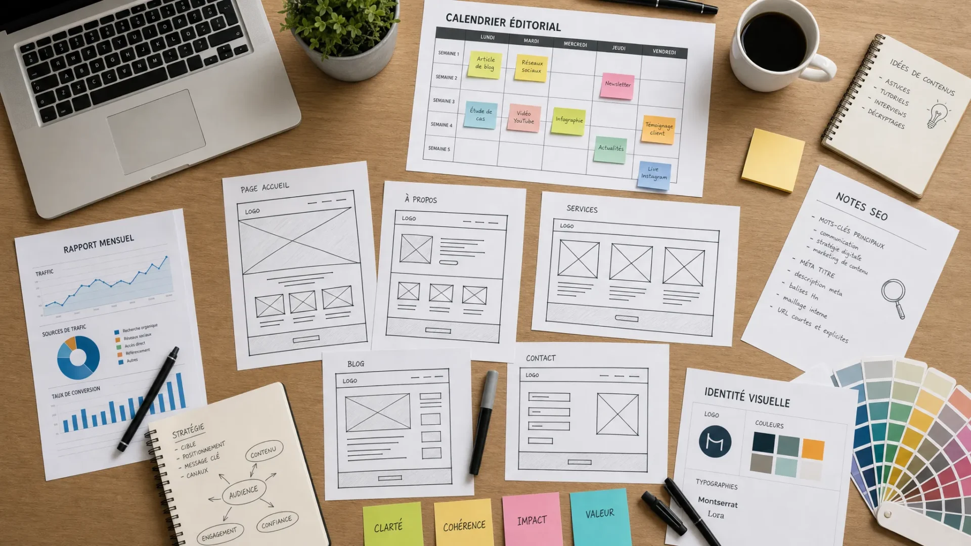 Une table de travail vue de dessus avec des croquis de site web, un calendrier éditorial, des notes SEO, des graphiques imprimés et des repères d’identité visuelle autour d’un projet de communication.