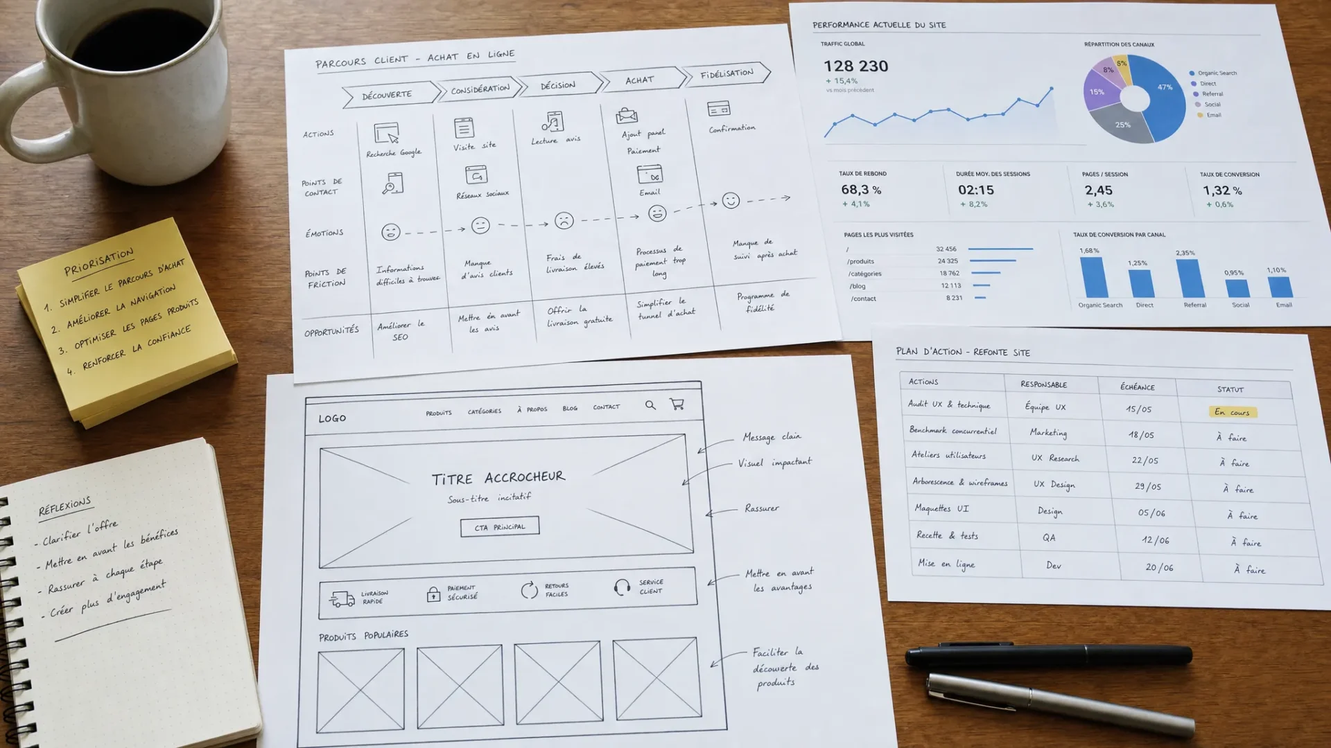 Une table de travail vue en plongée avec des croquis de parcours client, des graphiques de performance imprimés, des notes de priorisation et une maquette de page web sur papier, illustrant la préparation stratégique d’une refonte de site.