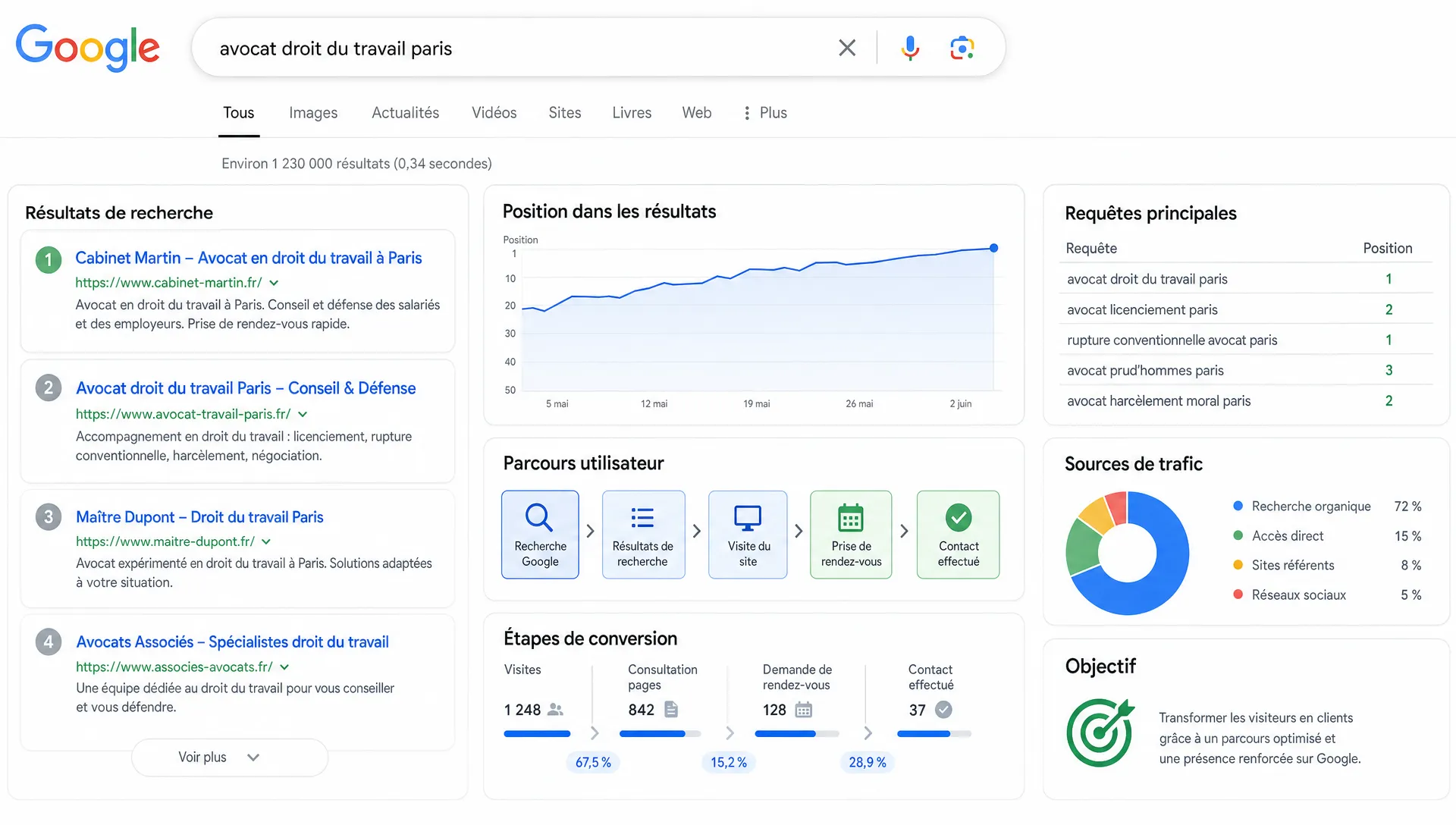 Des blocs de recherche et de conversion forment une lecture visuelle de l’analyse d’un site sur Google.