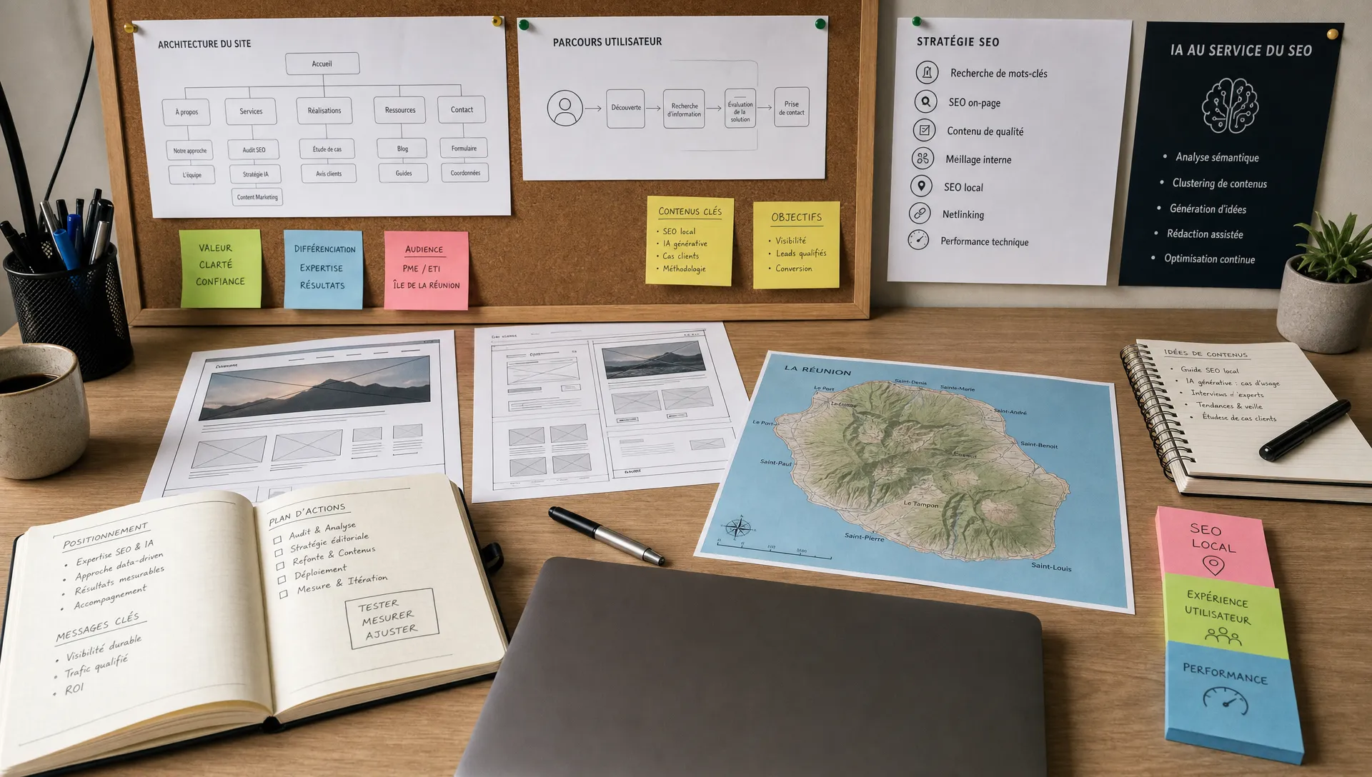 Un bureau de cadrage avec des maquettes de site, des notes de stratégie, un ordinateur portable fermé, une carte de La Réunion et des repères de SEO et d’IA.