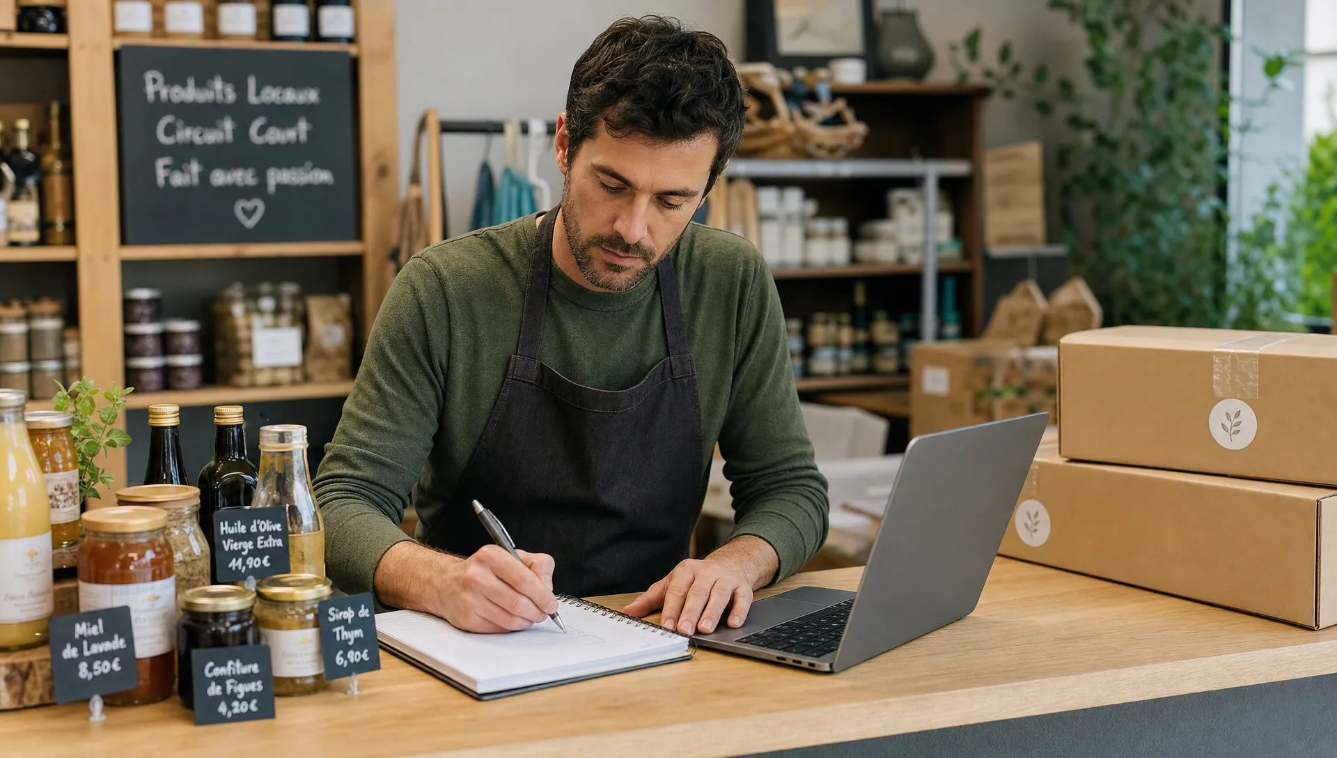 Un commerçant prépare sa boutique en ligne avec des produits locaux, des colis prêts à expédier et un carnet de notes sur le comptoir.