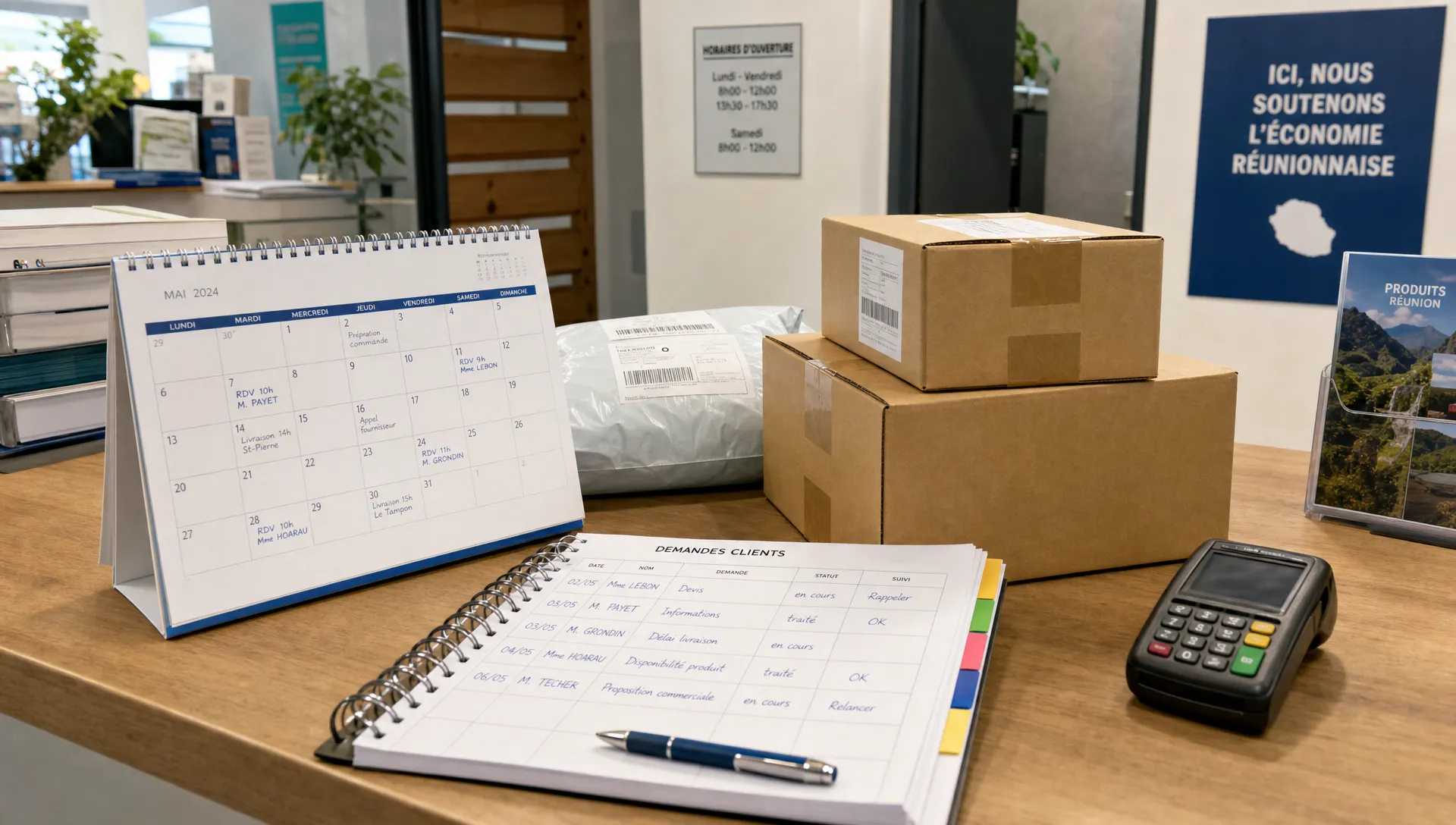 Un comptoir de commerce à La Réunion montre un calendrier de rendez-vous, des colis prêts et un carnet de demandes clients organisé.