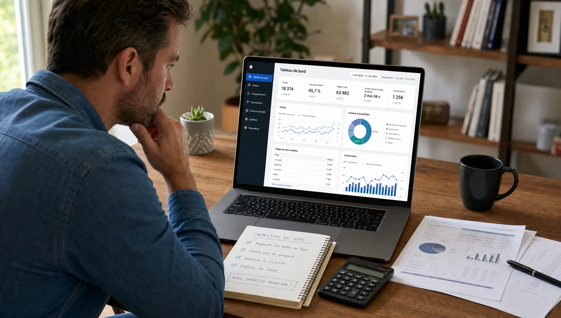 Un dirigeant consulte un tableau de bord pour vérifier si son site web atteint ses objectifs commerciaux.