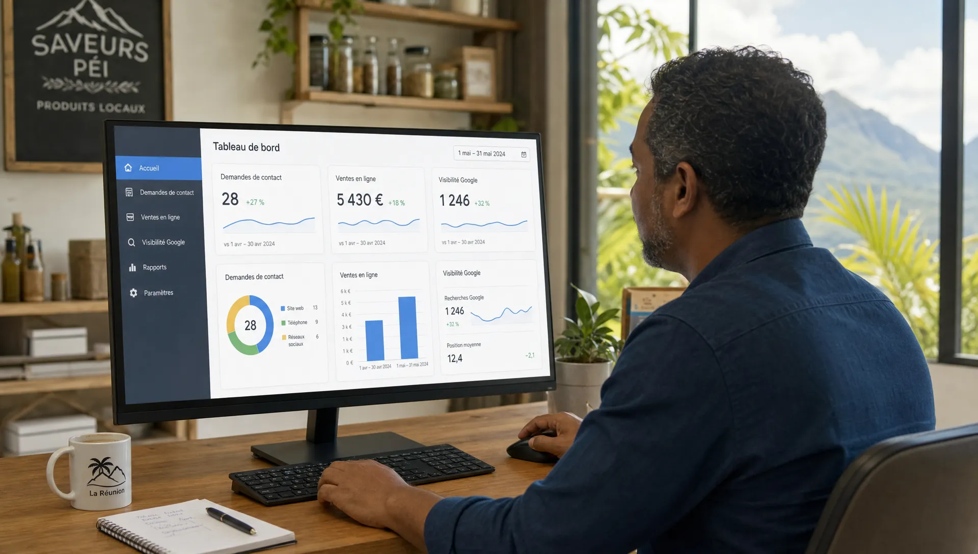 Un dirigeant de petite entreprise à La Réunion suit les demandes de contact, les ventes en ligne et la visibilité Google sur un tableau de bord simple.