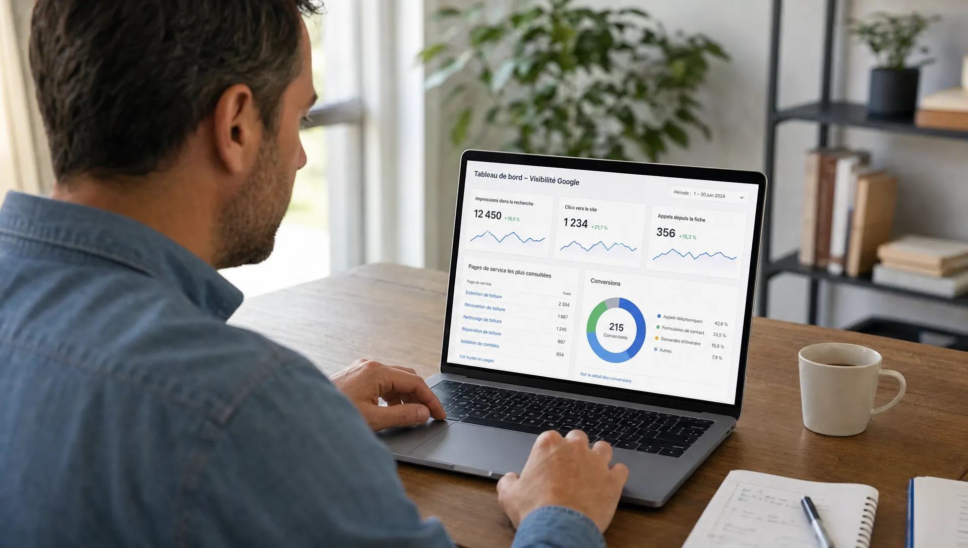 Un dirigeant de petite entreprise consulte sur un ordinateur portable des graphiques de visibilité Google, des pages de service et des indicateurs de conversion.