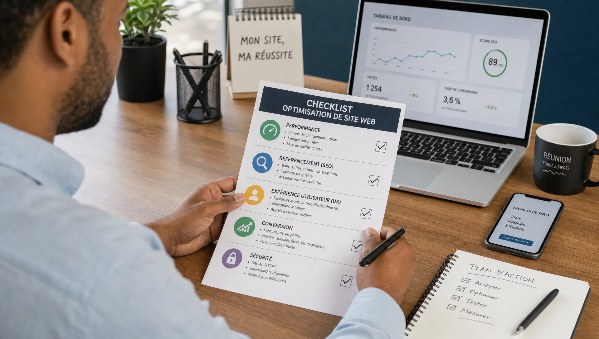 Un dirigeant de petite entreprise réunionnaise consulte une checklist d’optimisation web sur un bureau, avec un ordinateur portable, un smartphone, un carnet de notes et des repères liés à la performance, au référencement et à la conversion d’un site professionnel.