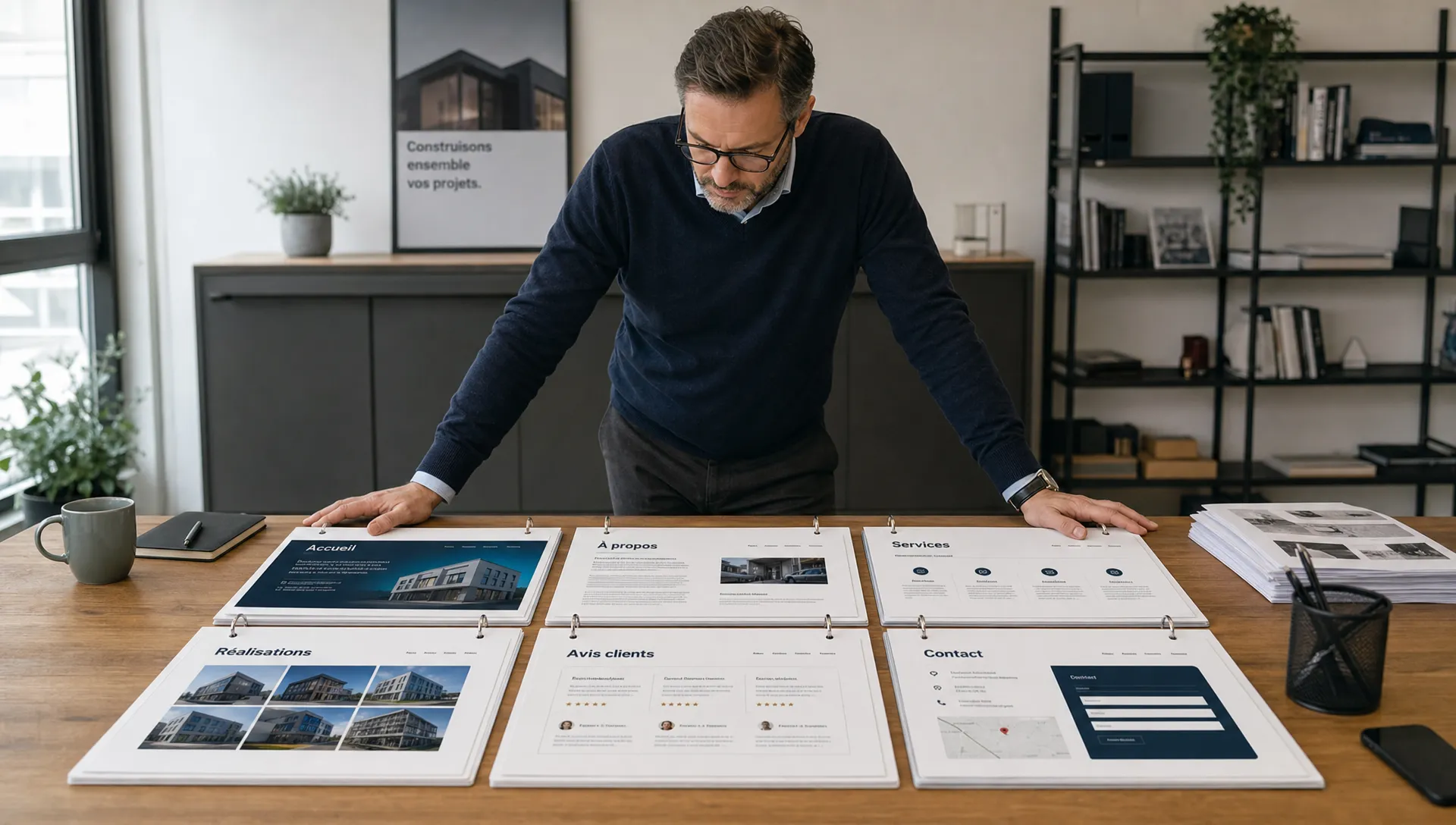 Un dirigeant de PME examine sur une grande table des fiches reliées représentant les pages accueil, à propos, services, réalisations, avis et contact d’un site web corporate.