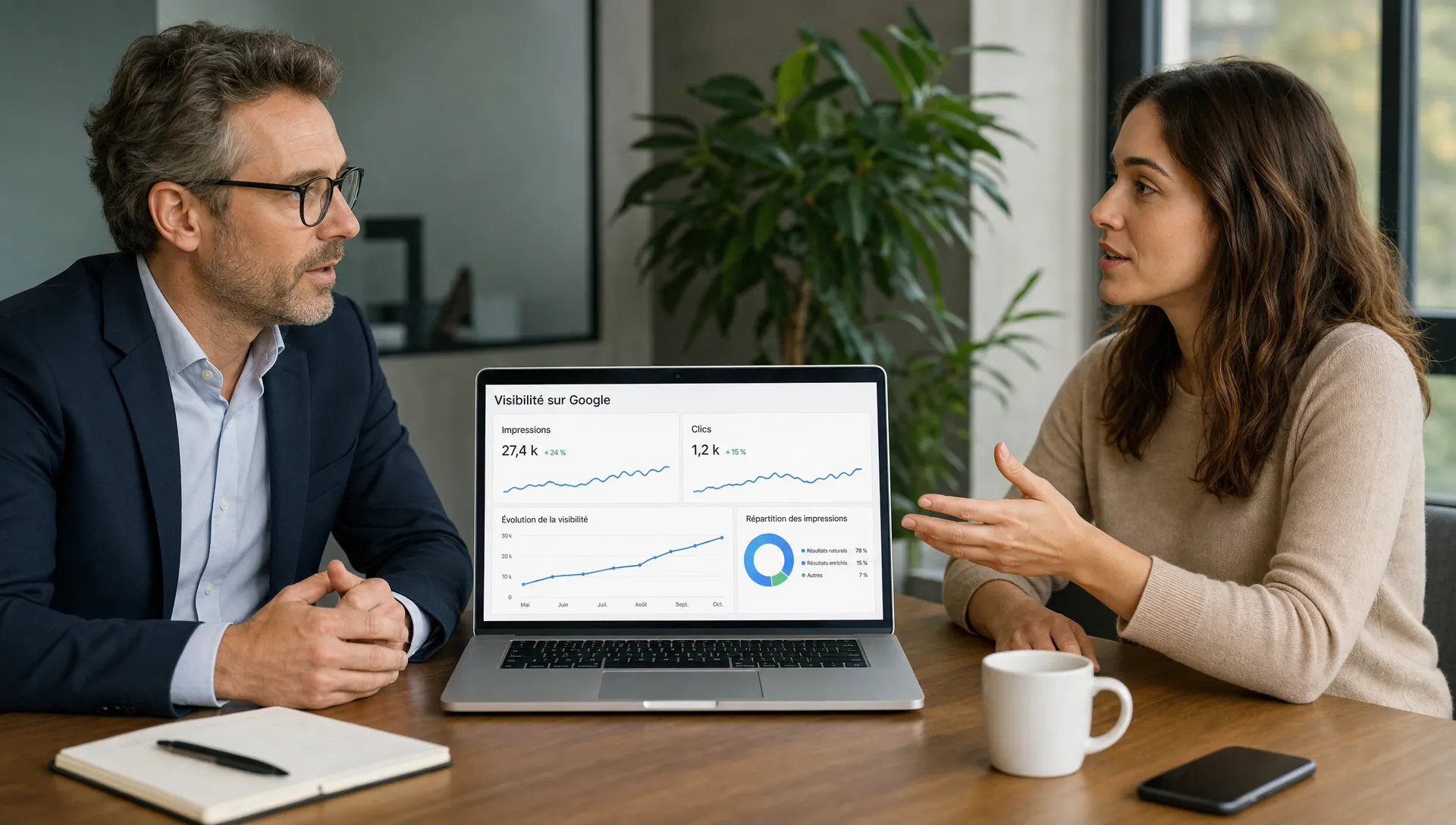 Un dirigeant d’entreprise échange avec une consultante SEO autour d’une table de réunion, avec un ordinateur portable orienté vers la caméra affichant des graphiques simples de visibilité Google, un carnet de notes et un café sur la table.