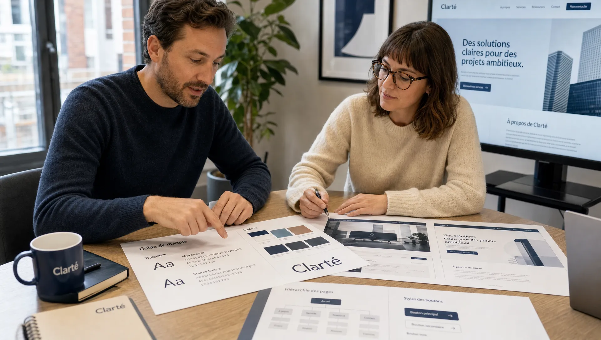 Un dirigeant et un designer relisent une charte graphique pour aligner les pages, les boutons et les polices du site.