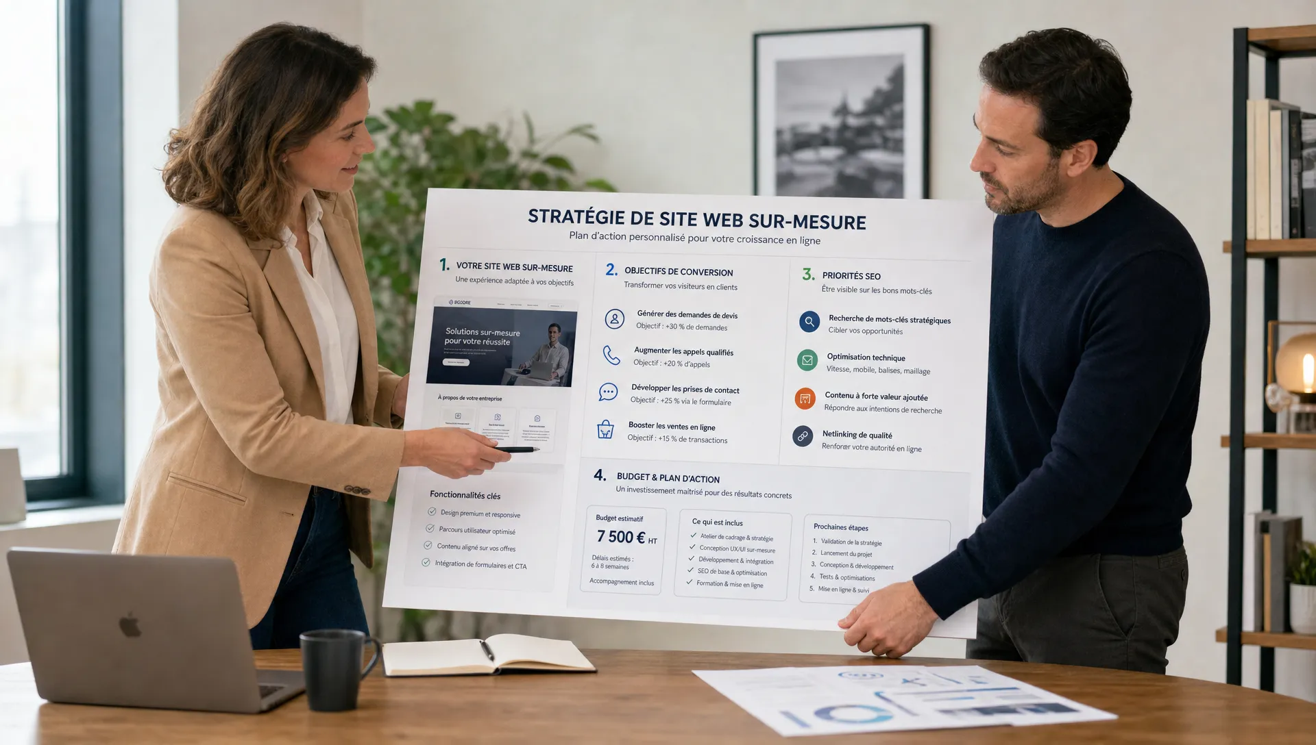 Un dirigeant et une consultante évaluent ensemble la stratégie d’un site web sur mesure.