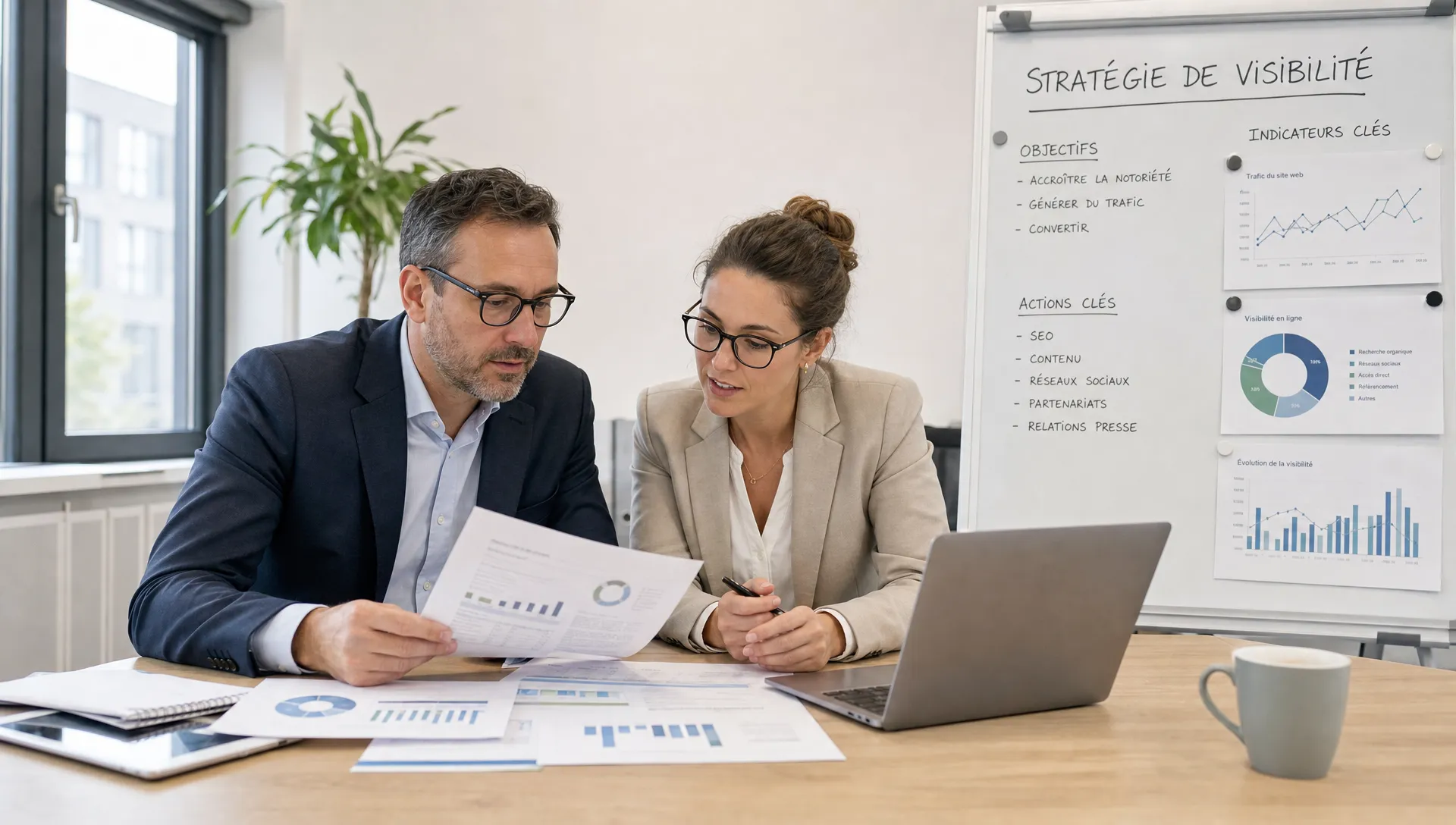 Un dirigeant et une consultante examinent des documents, un tableau stratégique et des indicateurs de visibilité dans un bureau lumineux.