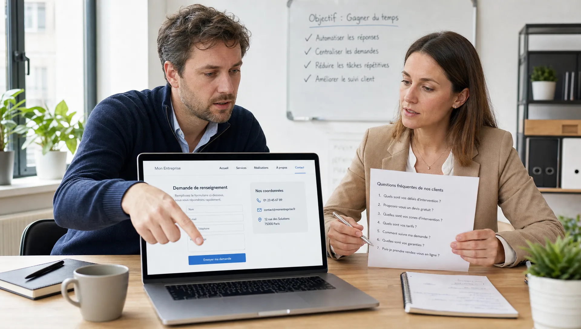 Un dirigeant et une consultante examinent sur ordinateur les fonctions d’un site web pour réduire les questions répétitives et mieux qualifier les demandes.