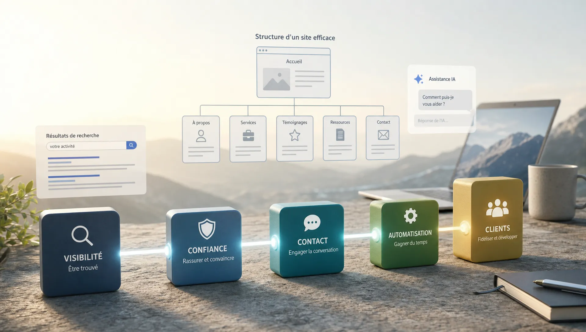 Un parcours visuel relie visibilité, confiance, contact et automatisation pour illustrer un site internet innovant.