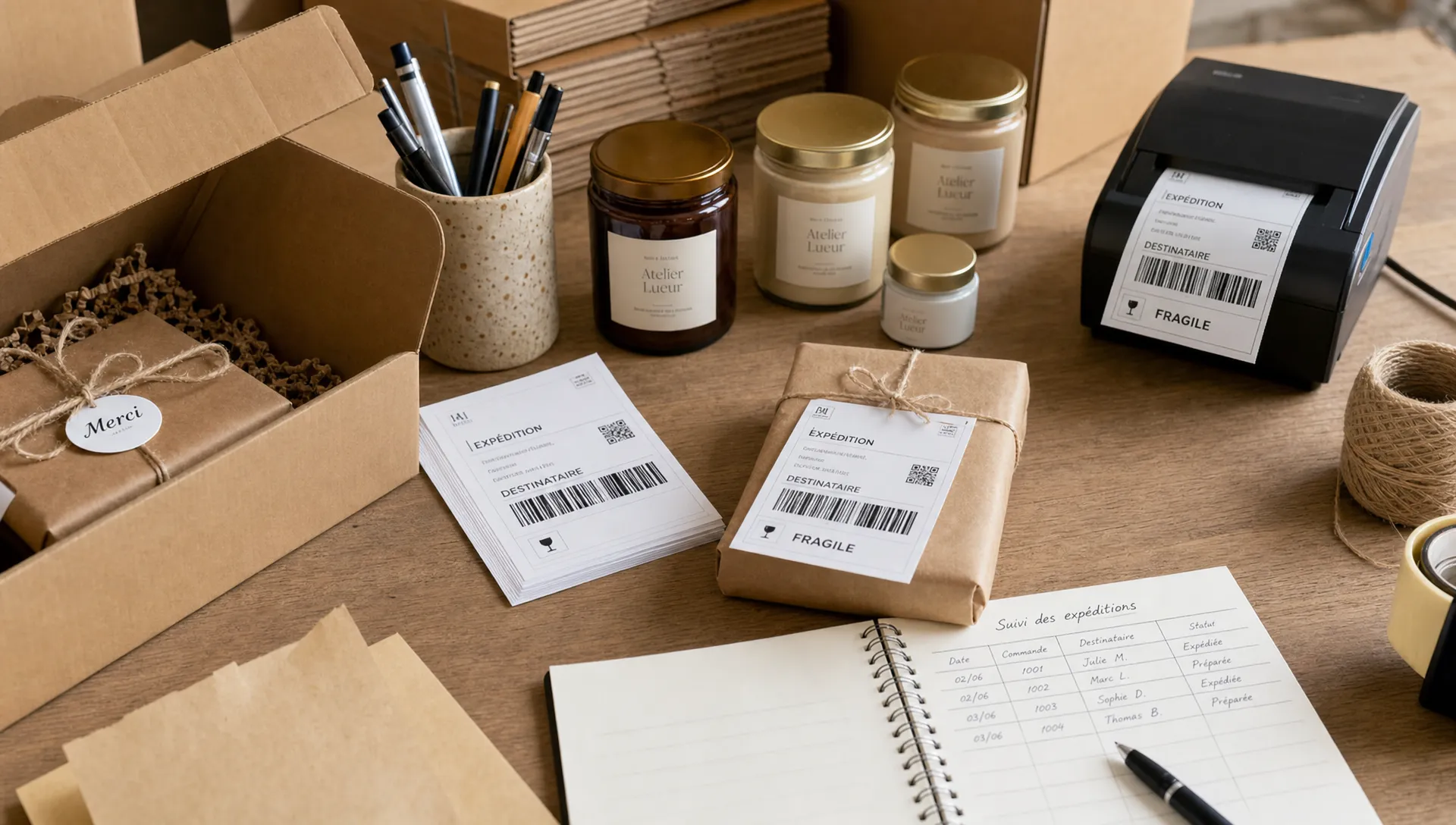 Un plan rapproché sur une table de préparation de commandes Shopify avec des produits artisanaux emballés, des étiquettes de livraison, des cartons ouverts et un carnet de suivi des expéditions.