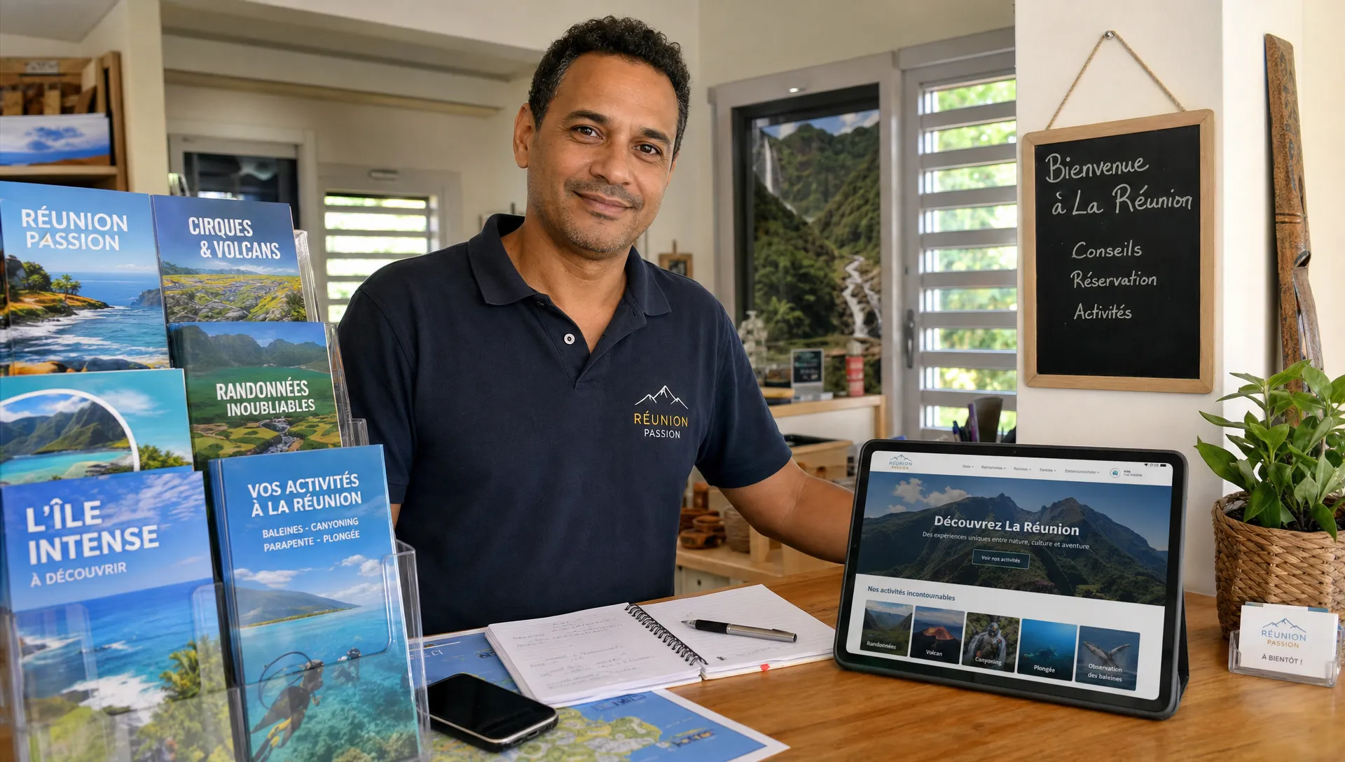 Dans un commerce à La Réunion, un gérant regarde un site pour projet entrepreneurial sur tablette avec ses outils du quotidien.