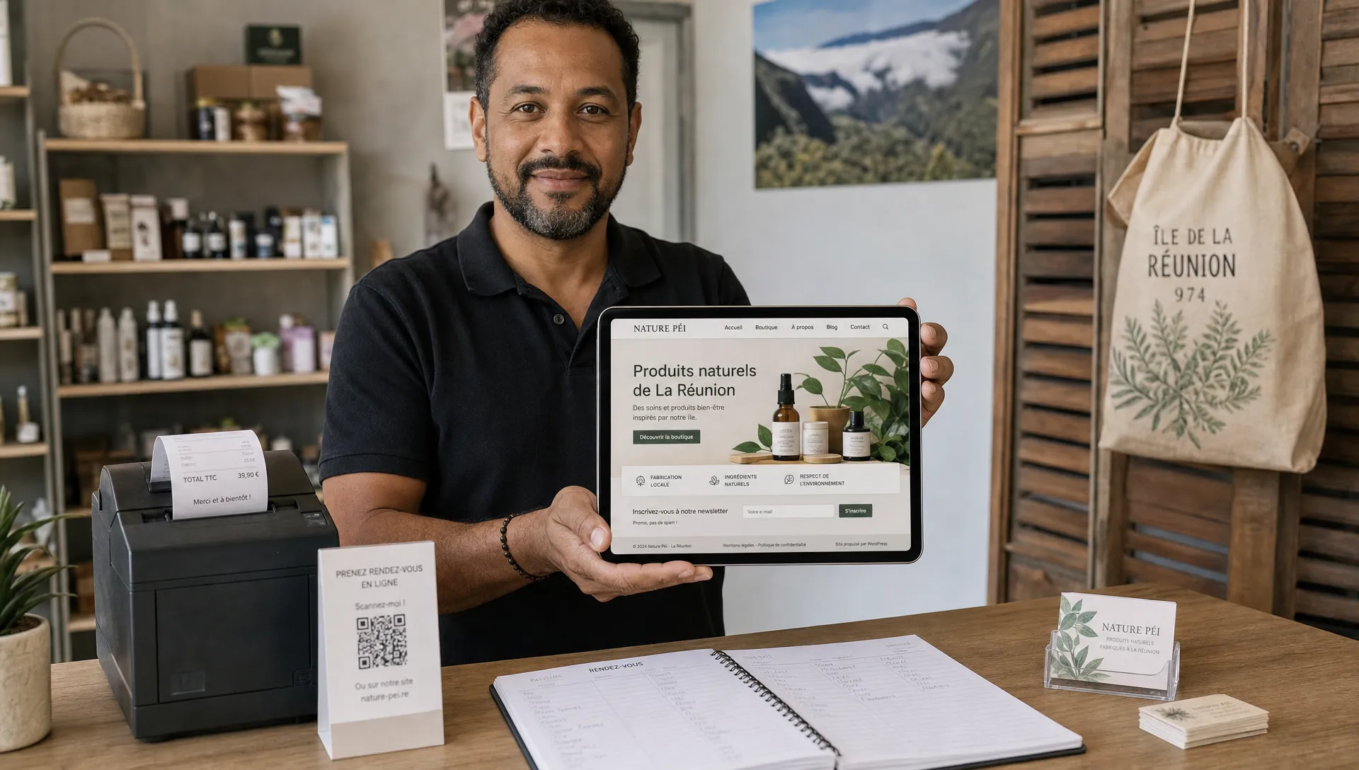 Dans une boutique à La Réunion, un dirigeant consulte son site WordPress au comptoir pour suivre les demandes clients.
