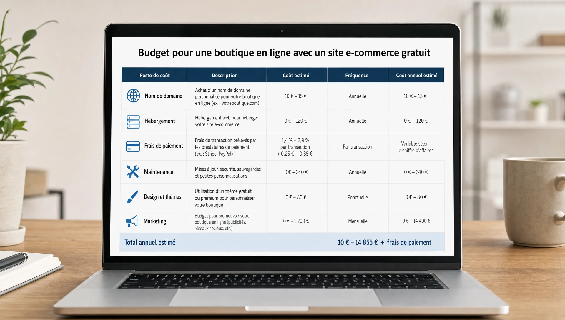 Tableau de budget pour une boutique en ligne avec les postes de coût d’un site e-commerce gratuit, comme le domaine, l’hébergement, le paiement et la maintenance.