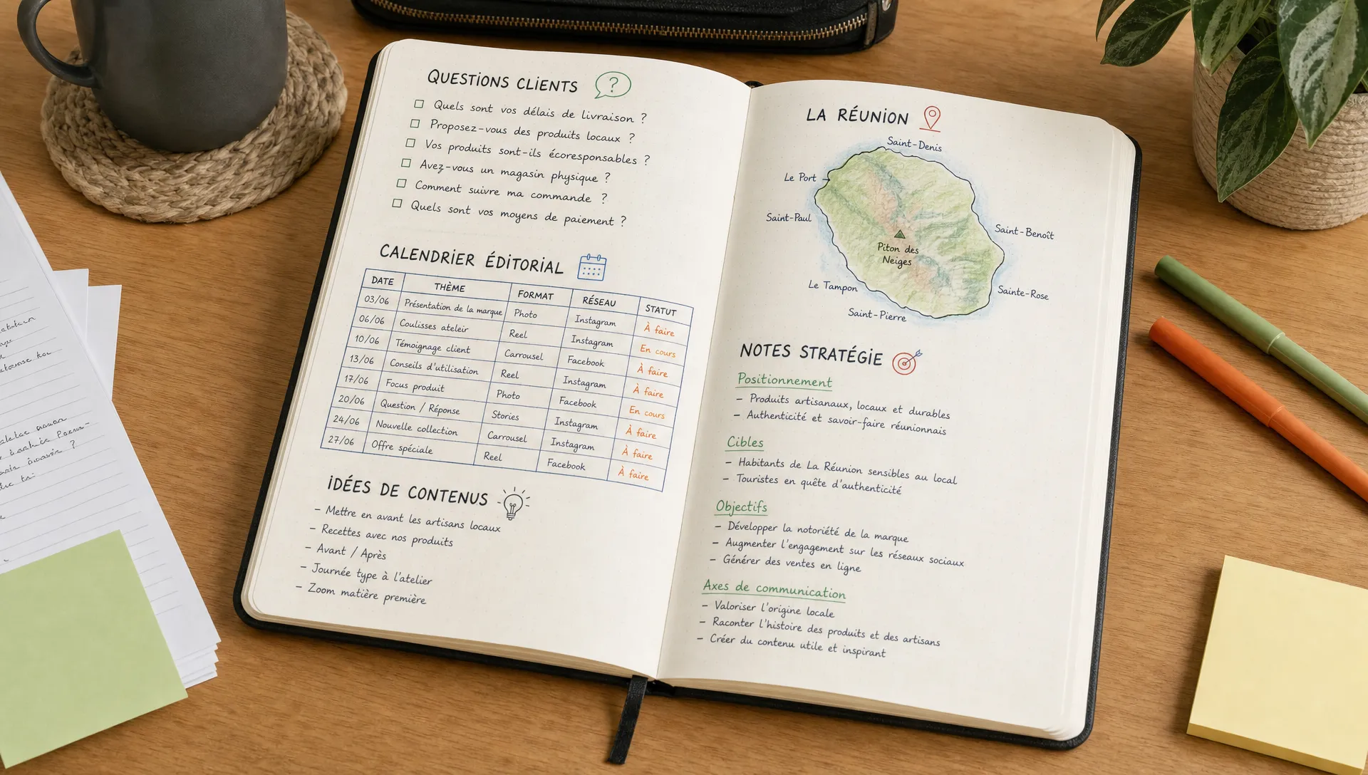 Un carnet de planification ouvert montre des questions clients, un calendrier éditorial, une carte de La Réunion et des notes de stratégie sur une table de travail.
