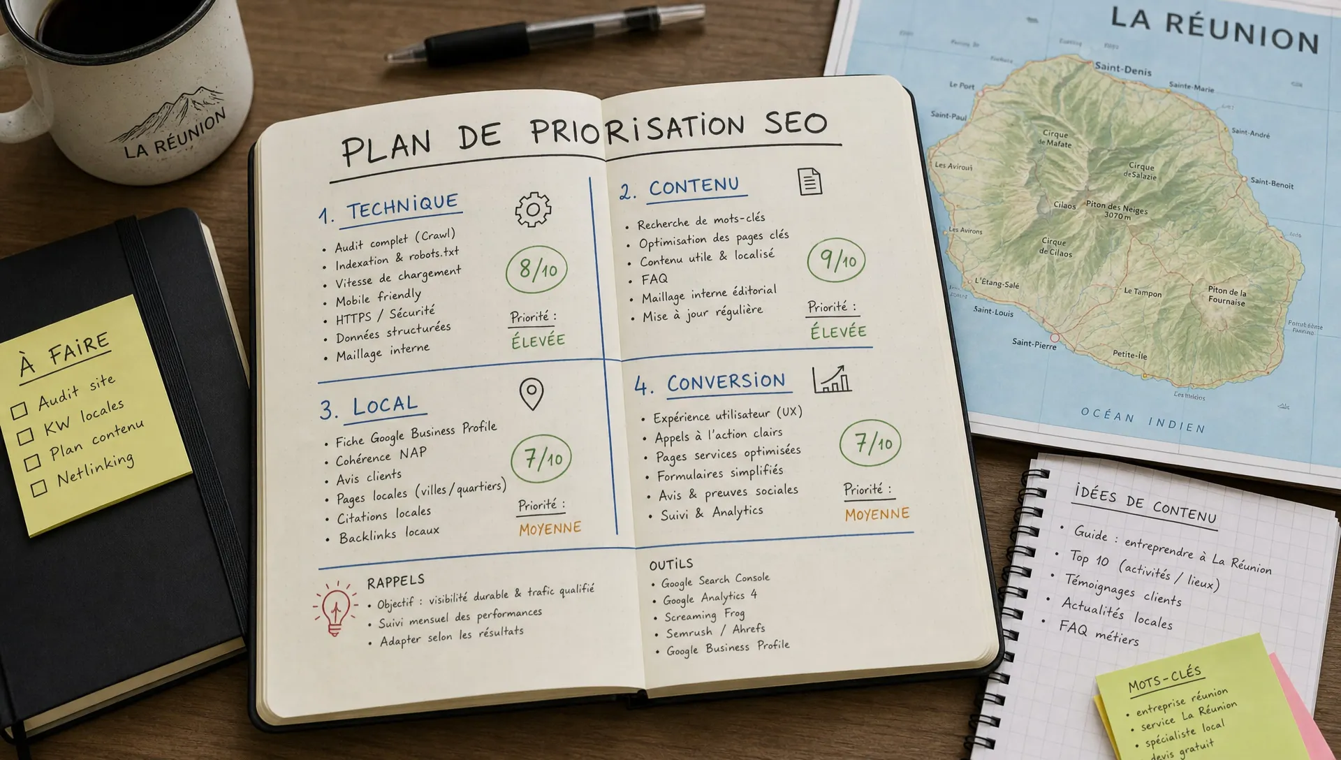 Un carnet ouvert montre un plan de priorisation SEO avec technique, contenu, local et conversion, posé près d’une carte de La Réunion et de notes de travail.