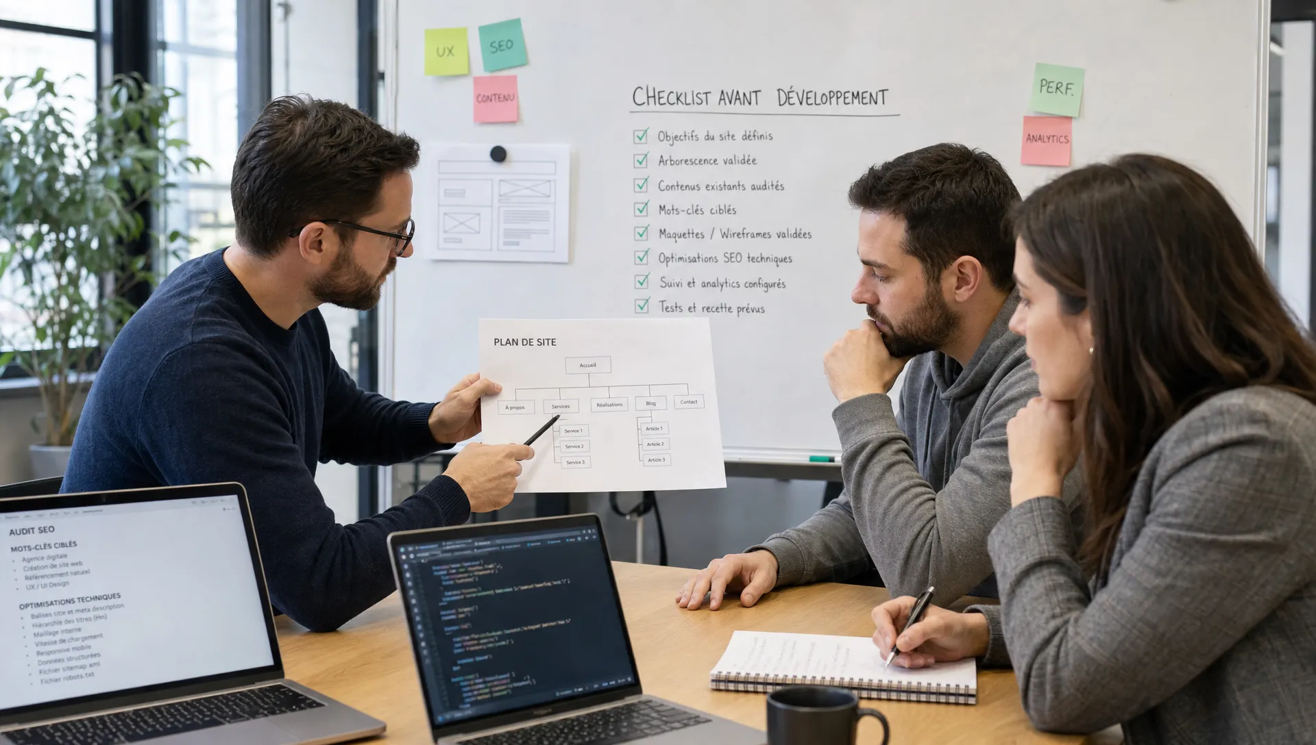 Un chef de projet, un développeur et une consultante SEO valident un plan de site et une checklist avant de coder.