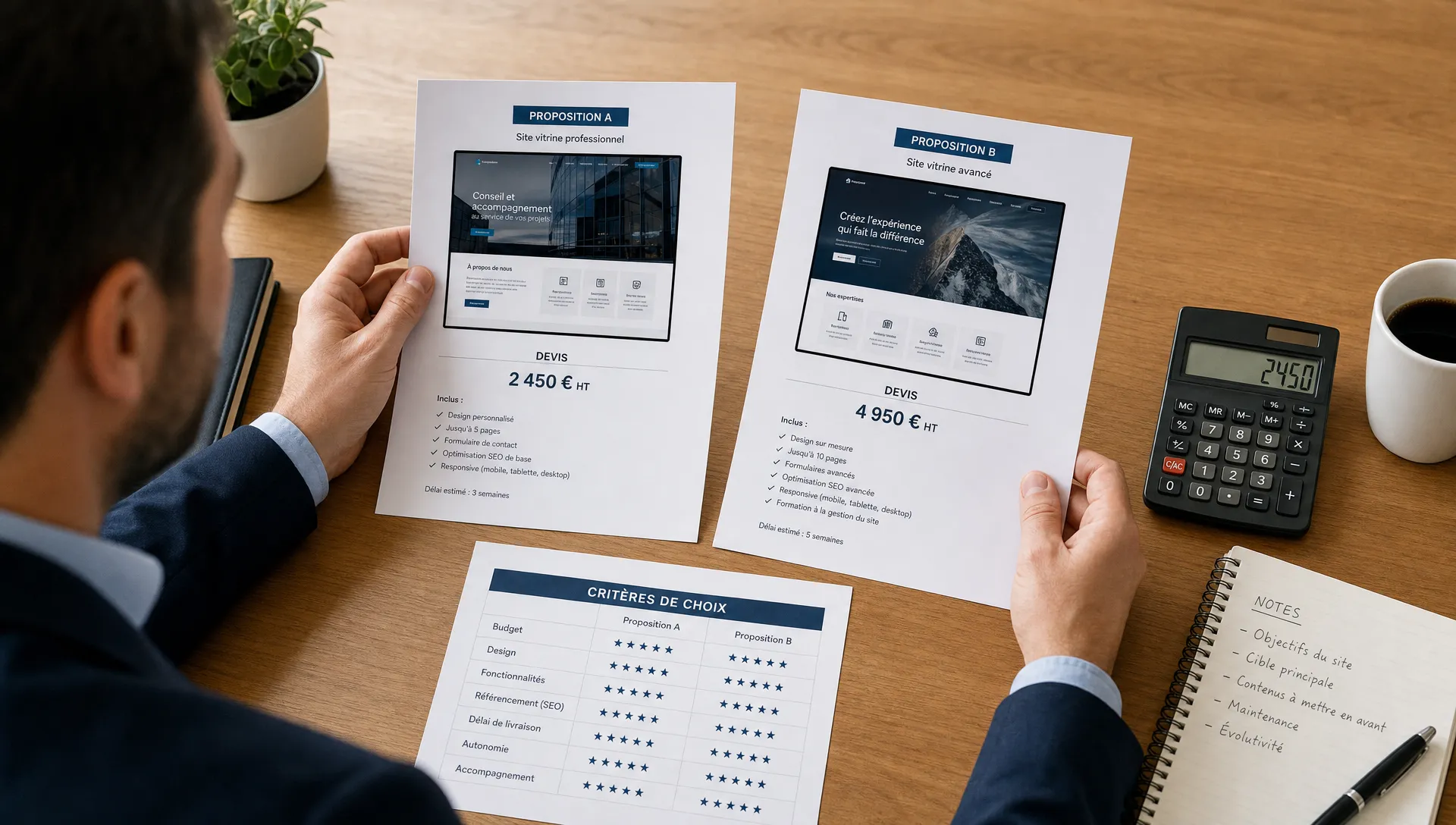 Un dirigeant compare deux propositions de site web avec un devis, une calculatrice et une liste de critères de choix.